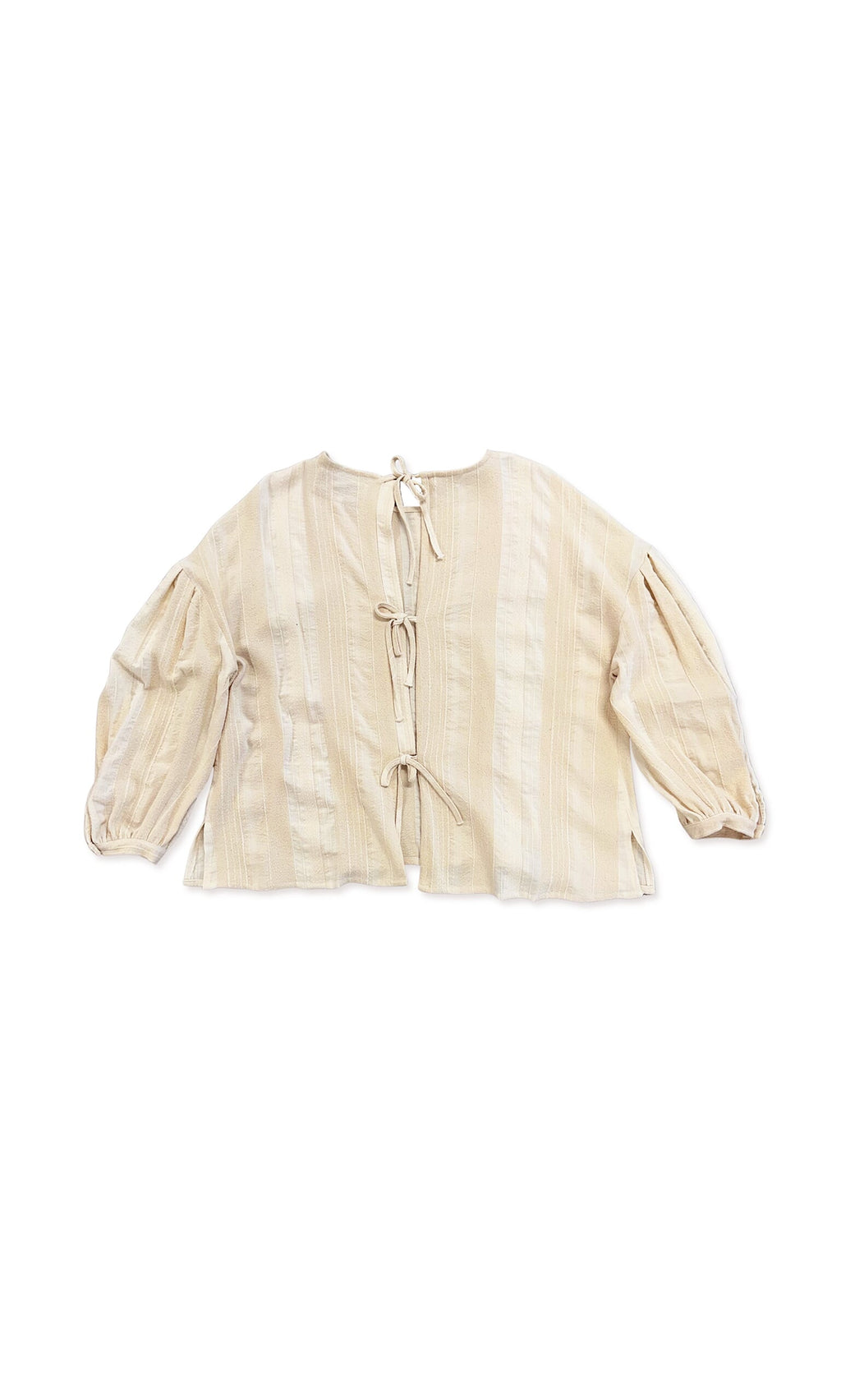 Plümo- Elmsly Blouse: Beige, long-sleeve, striped cotton with front tie closures and a loose, flowy fit on white background.
