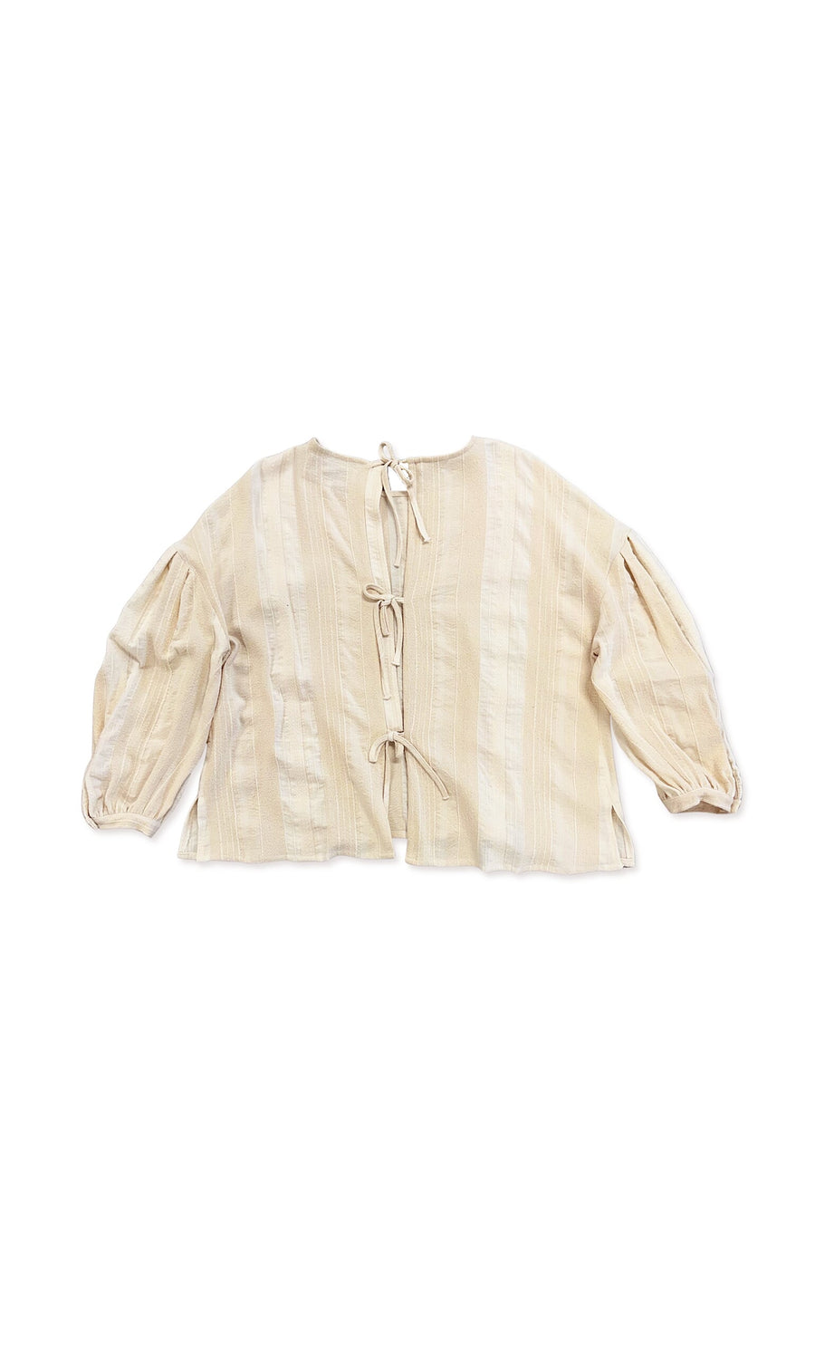 Plümo- Elmsly Blouse: Beige, long-sleeve, striped cotton with front tie closures and a loose, flowy fit on white background.
