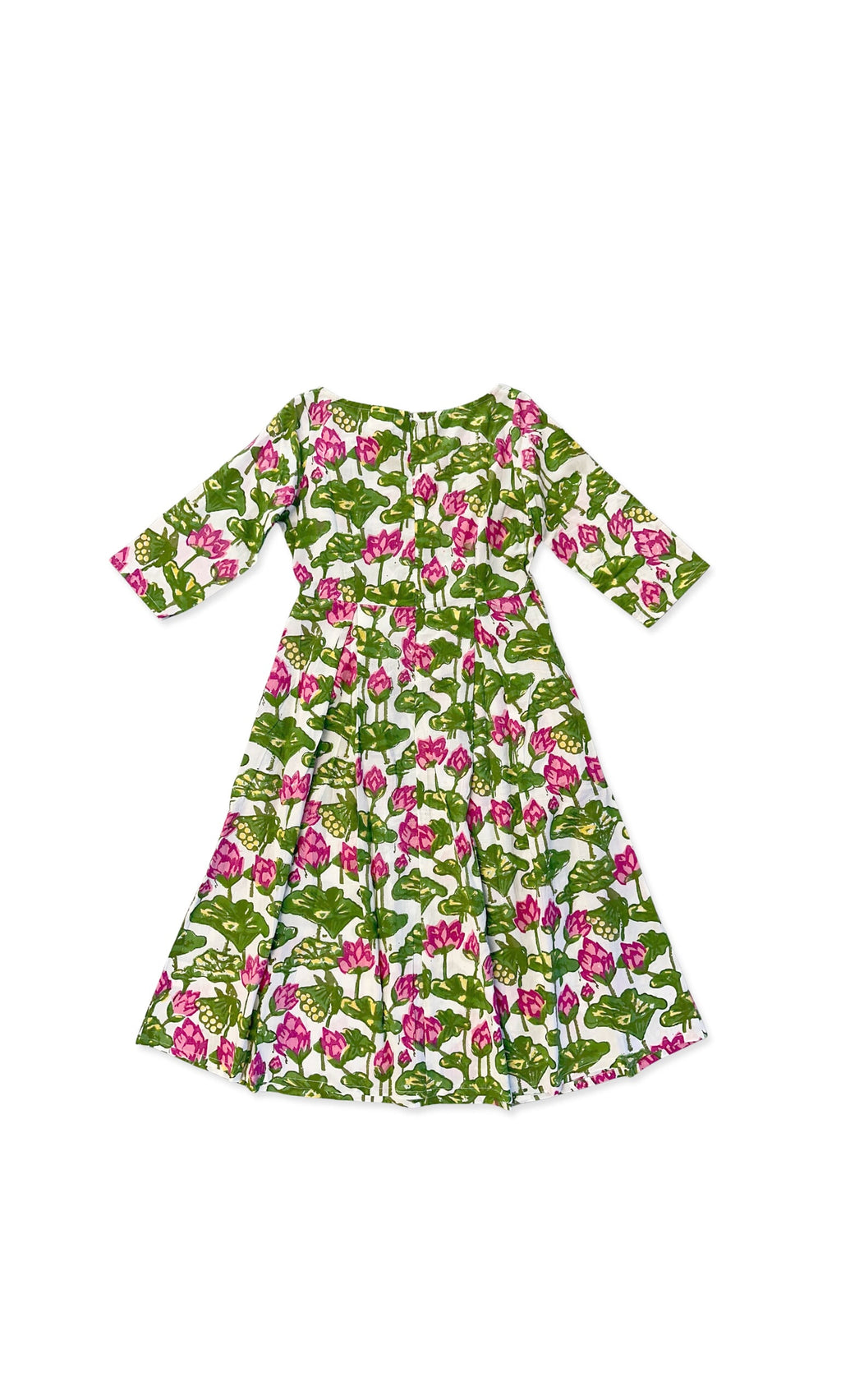 Plümo- Enja Dress: Green block-printed cotton-voile with pink, white florals, long sleeves, flared skirt; one-off sample.