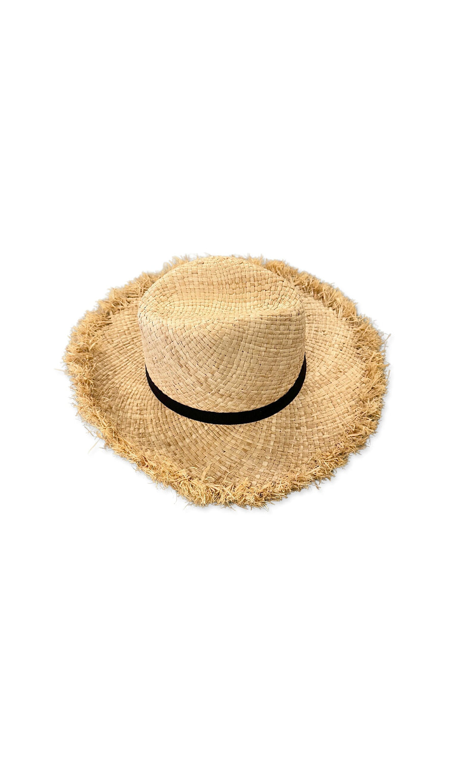 Plümo- The Esme Straw Hat features a wide, frayed brim and grosgrain ribbon band, shown on a white background.