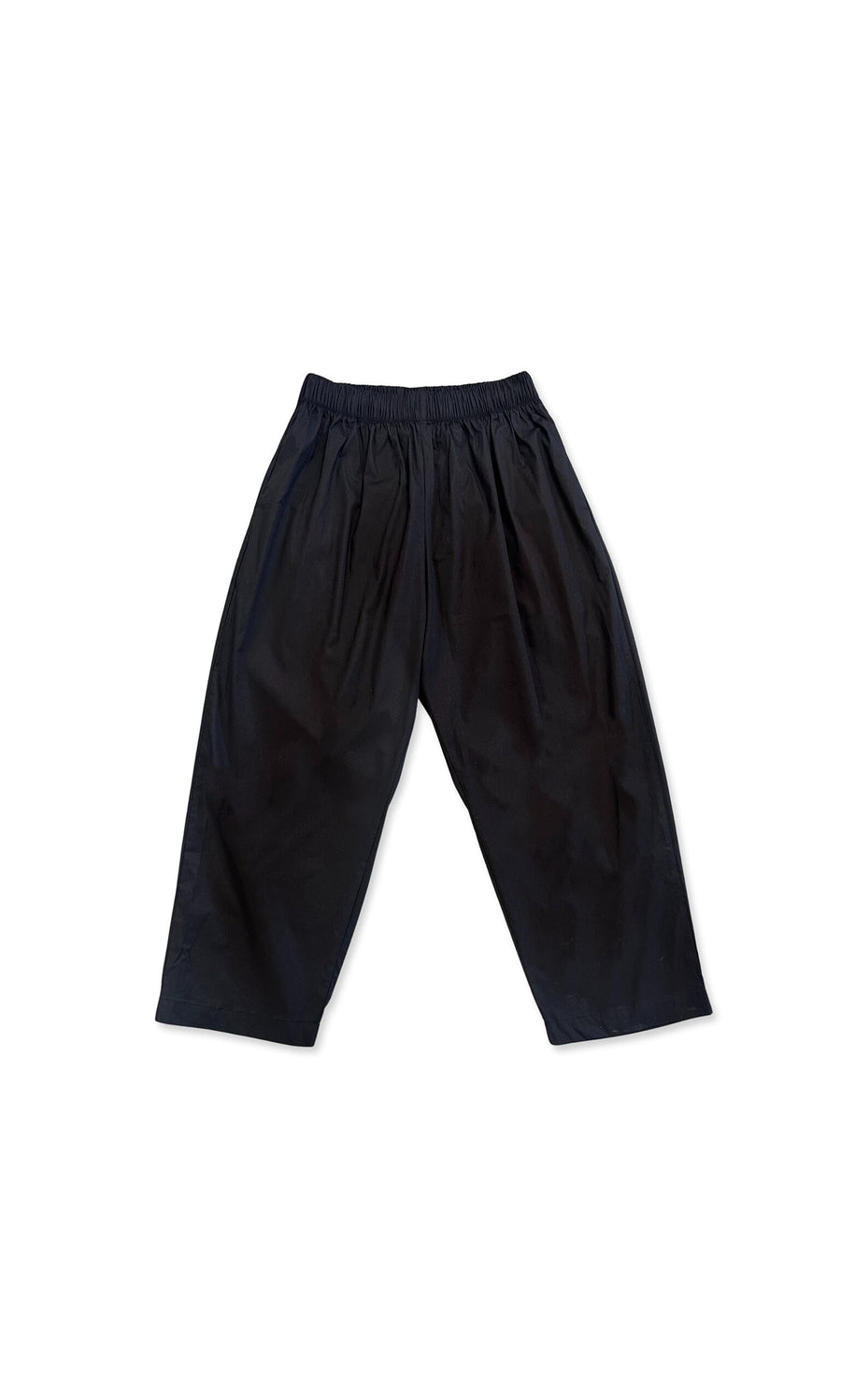 Plümo- Evita Pants: Loose-fitting black, elasticated waist, straight leg pants displayed flat on a white background.