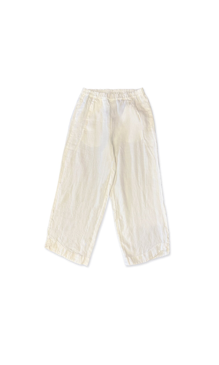 Plümo- Fable Pants in off-white washed linen with an elastic waist and loose, straight legs, shown flat on a white background.