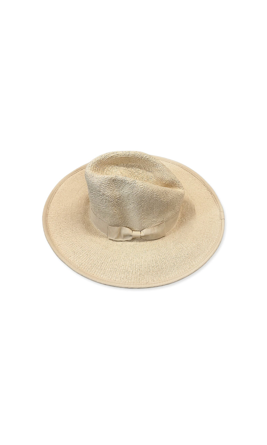 Plümo- The Faye Sun Hat is a light beige, wide-brimmed woven hat with a matching ribbon, shown on a white background.