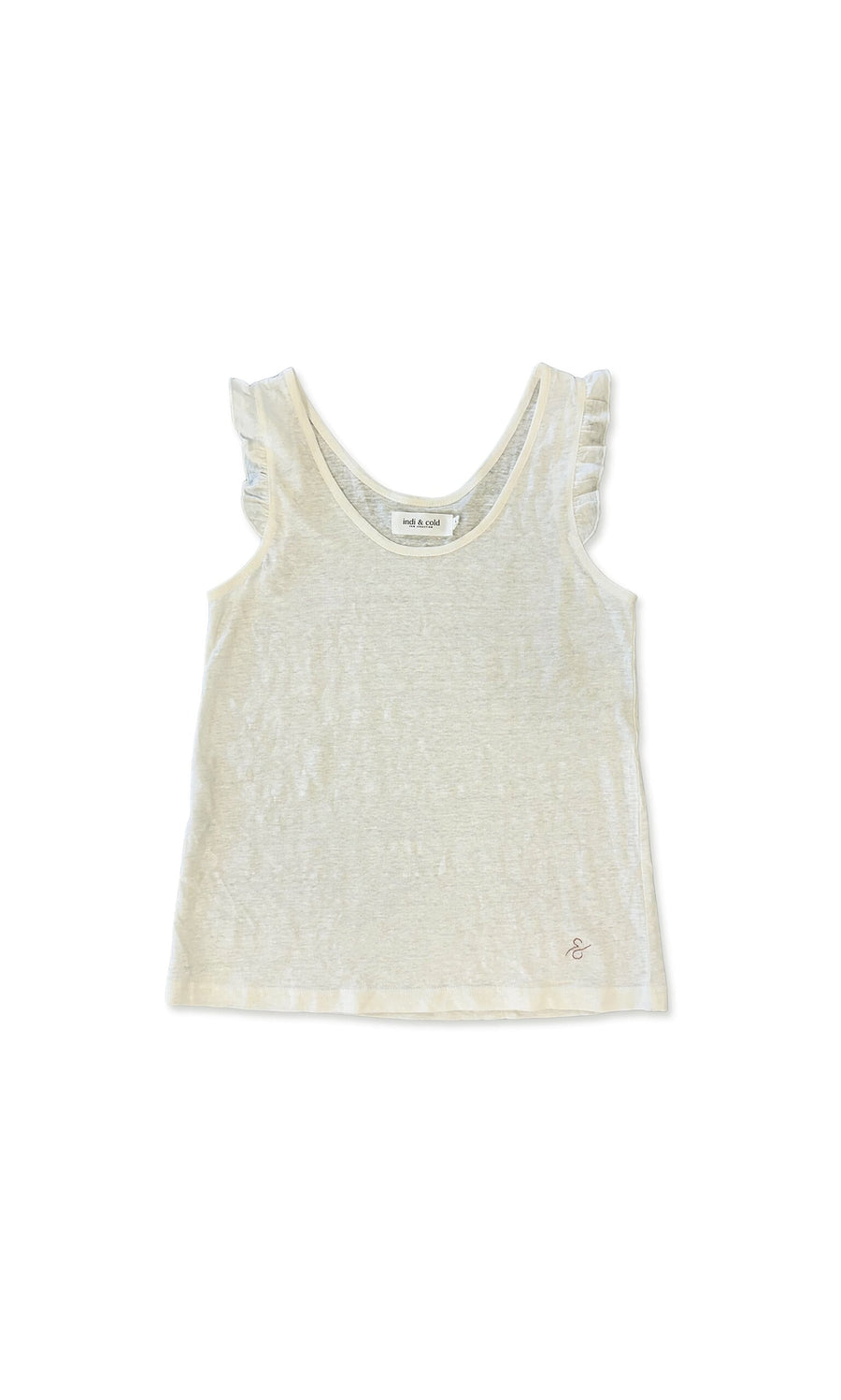 Plümo- The Fia Vest is a white scoop neck top with ruffled straps and a small logo near the hem.