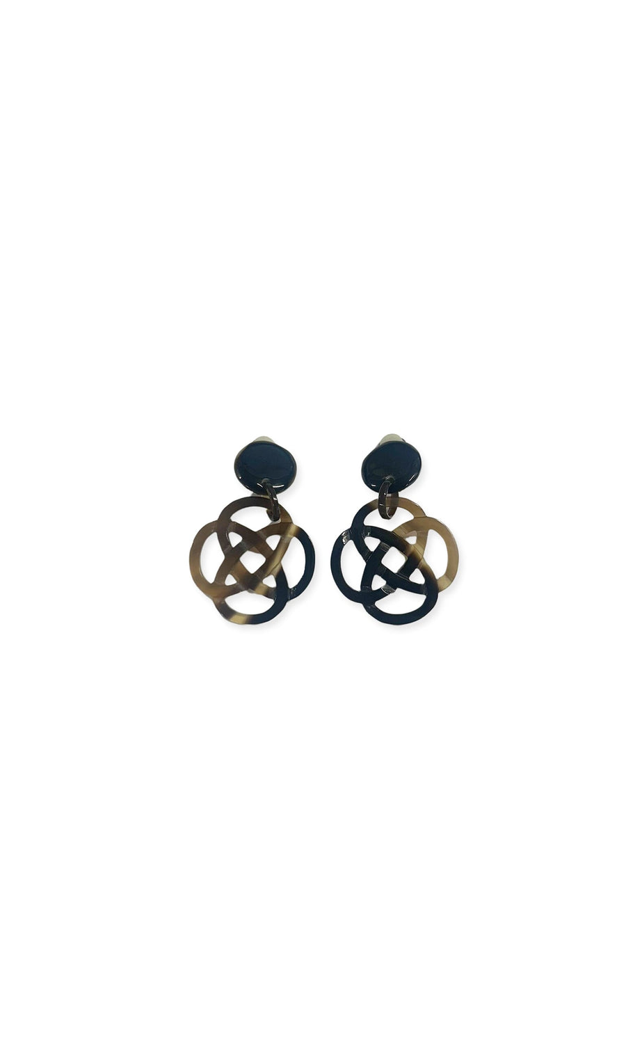 Plümo- Fionnuala Clip-On Earrings feature interlocking brown and black loops with dark round studs at the top.