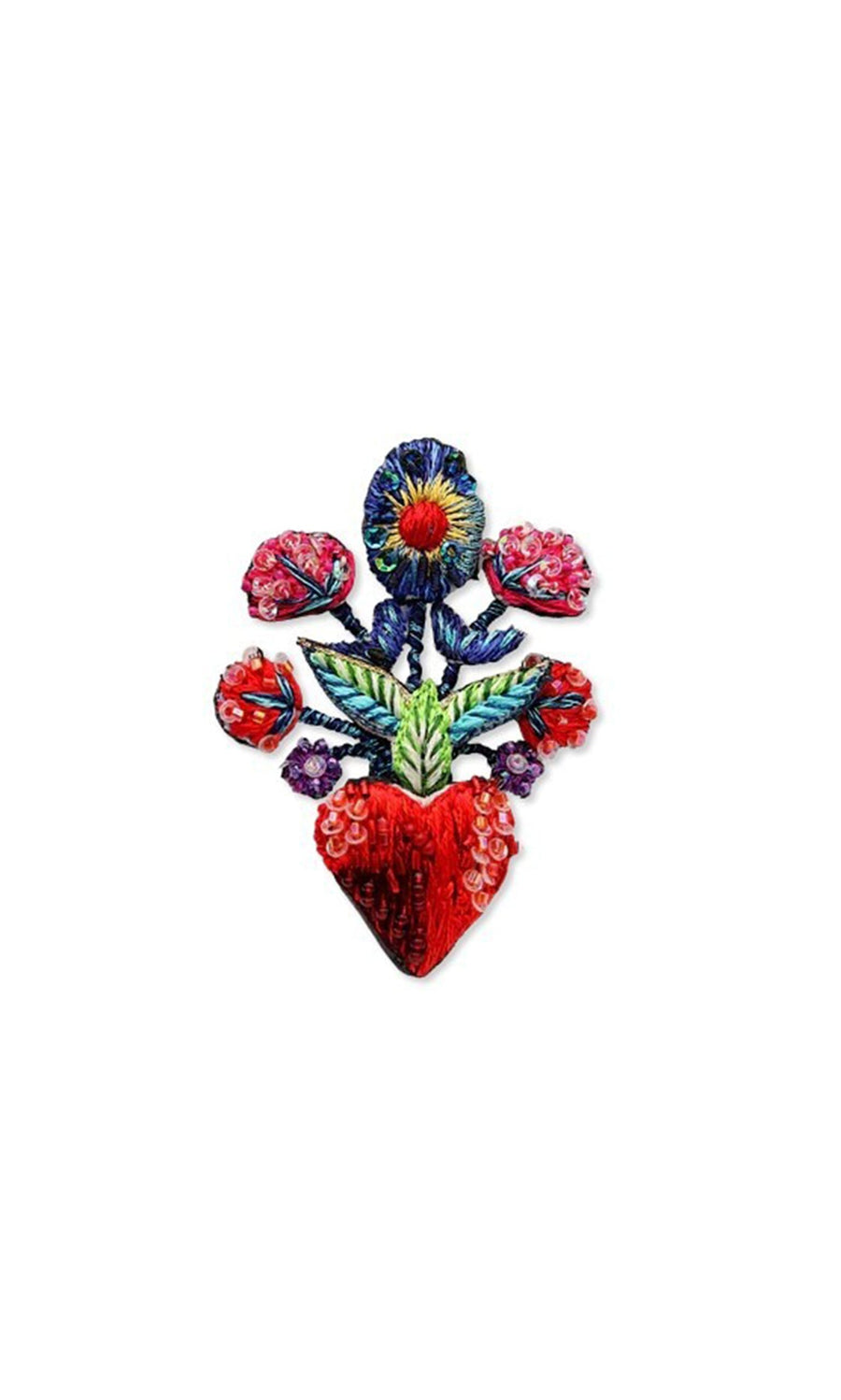 Plümo- Flowering Heart Brooch: Hand-embroidered red strawberry with colorful flowers and leaves on a white background.