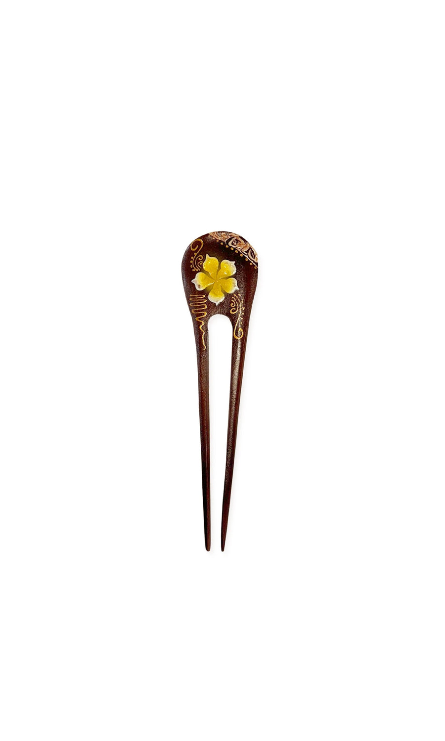 Plümo- Flora French Pin: Hand-painted wooden hair pin with yellow floral design on a white background.