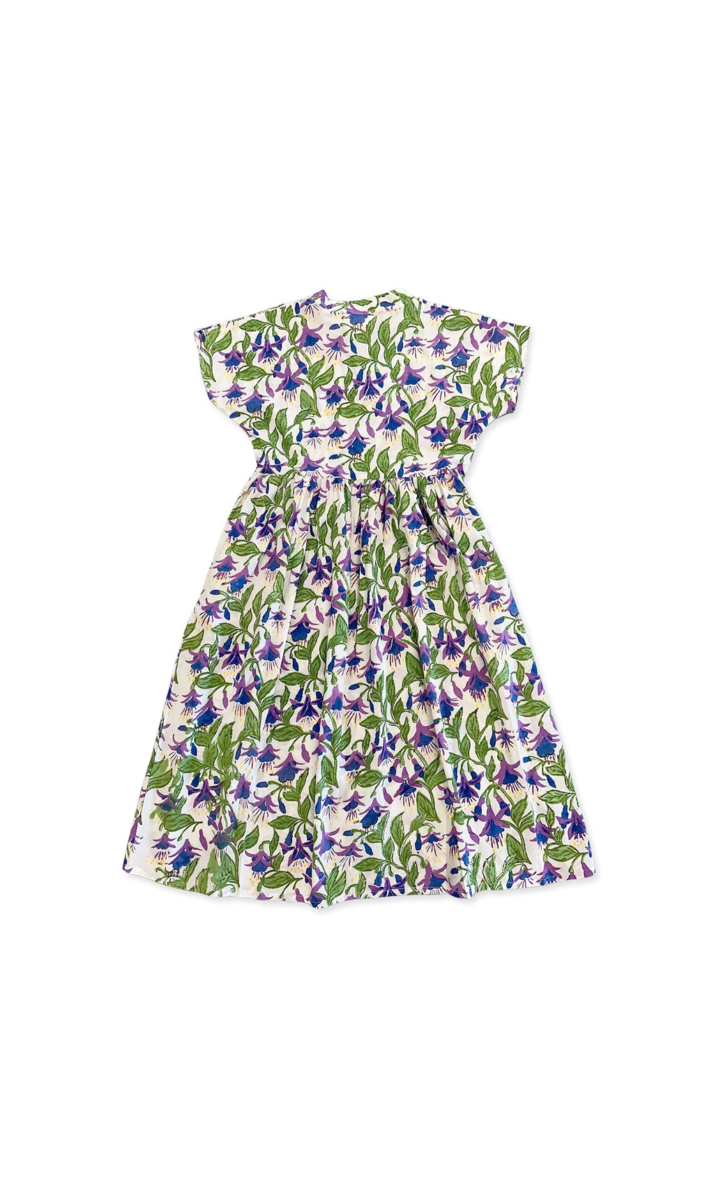 Plümo- Fuchsia Dress: Hand-printed with pleat-waist, purple, green & white botanical pattern on white.