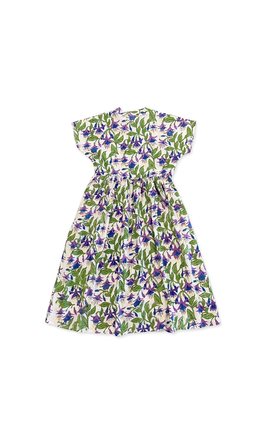 Plümo- Fuchsia Dress: Hand-printed with pleat-waist, purple, green & white botanical pattern on white.