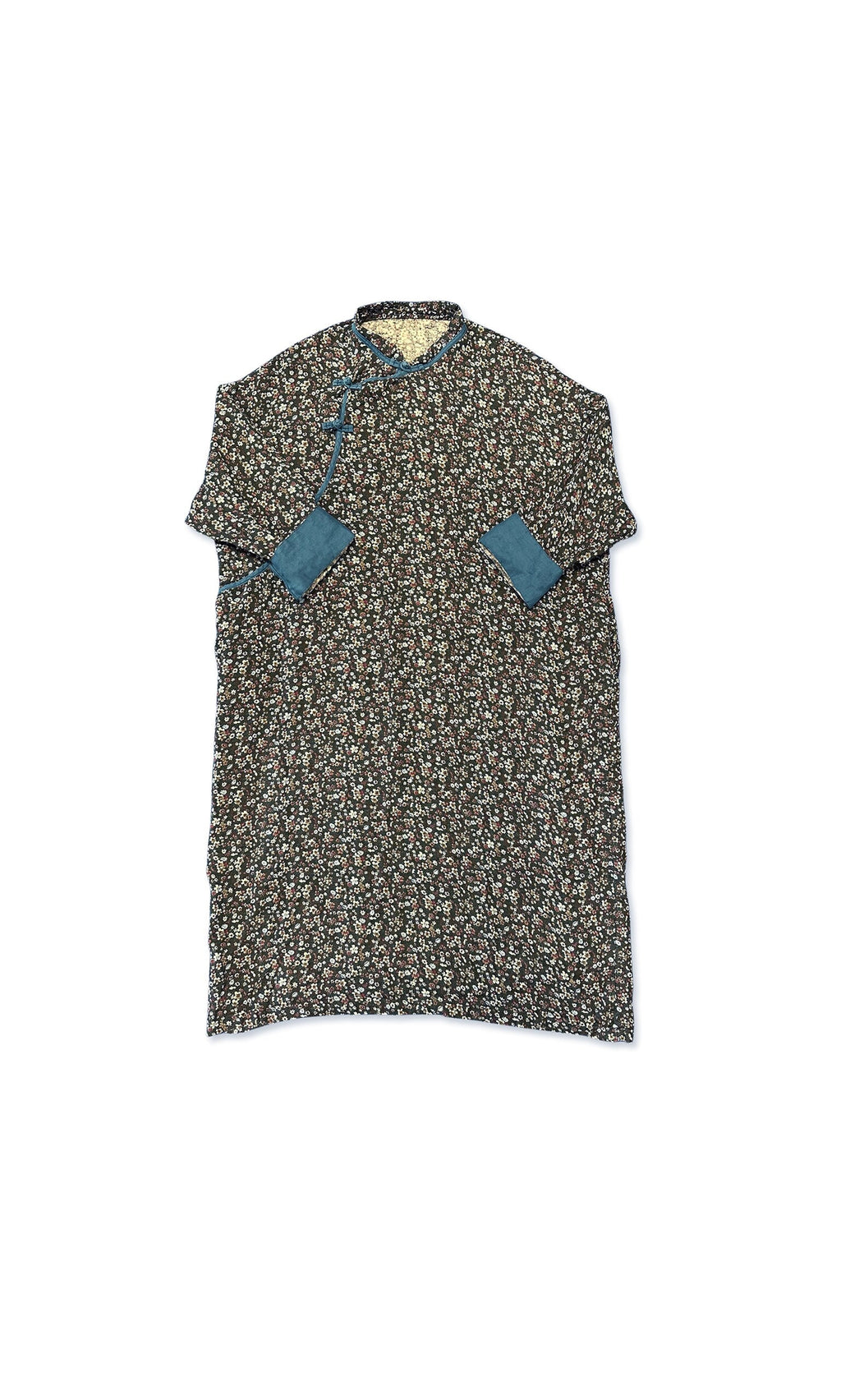 Plümo- Fumi Floral Dress with blue trim and mandarin collar, laid flat on a white background.
