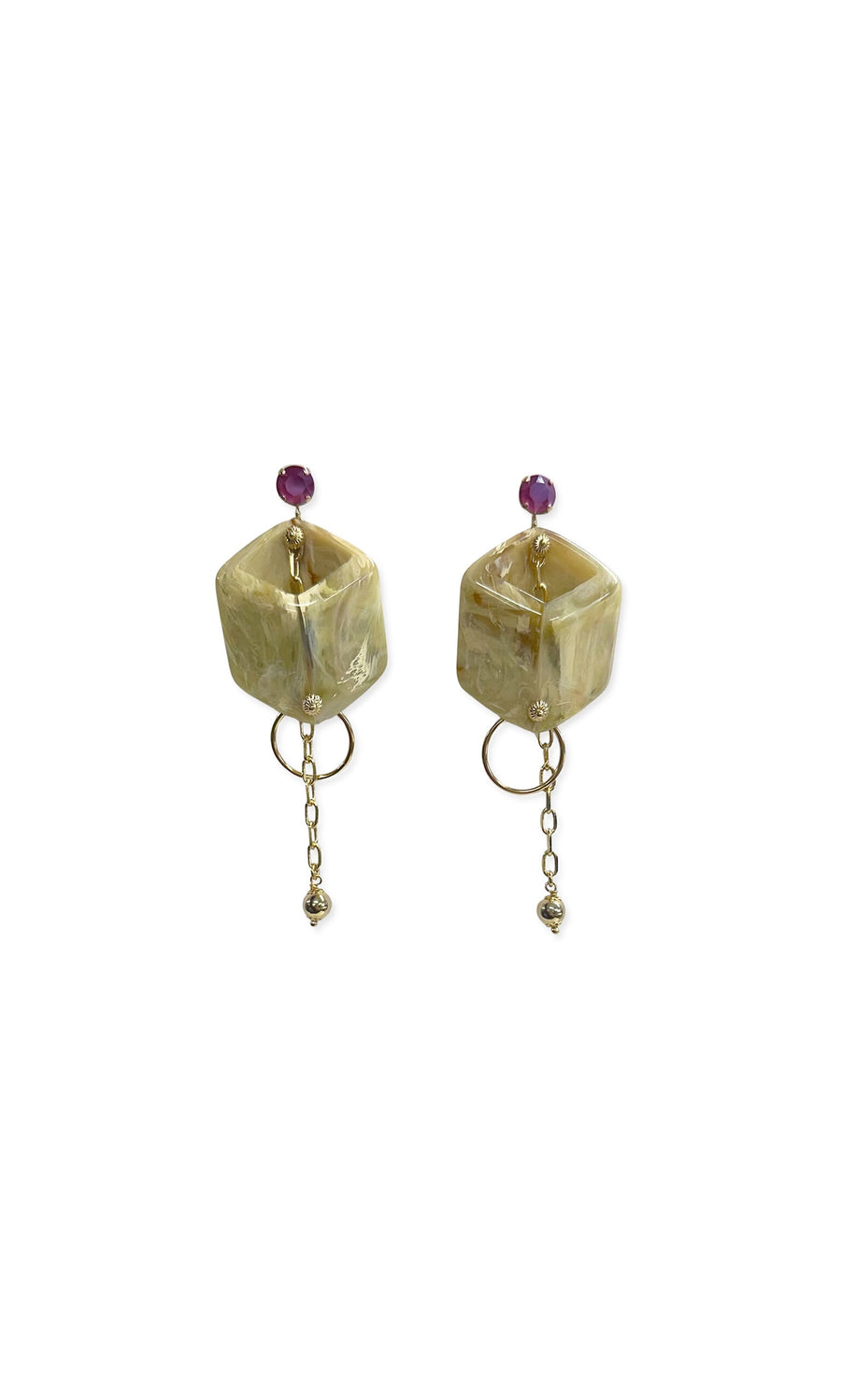 Plümo- The Galaxie Earrings feature cubic green stones, purple studs, and elegant chain drops with small bead accents.