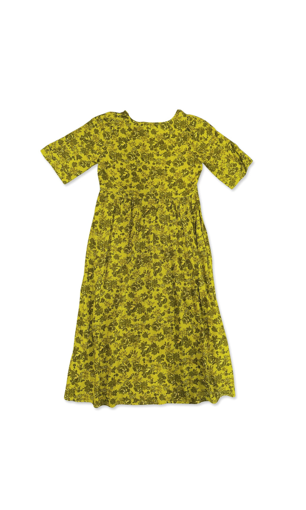 Plümo- Gemma Dress in size 36—yellow and green floral print, viscose, short sleeves, shown flat on a white background.