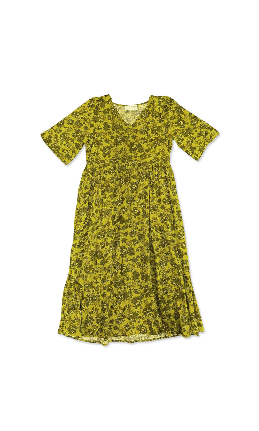 Plümo- Gemma Dress: yellow-green viscose, green floral print, size 36, short sleeves, V-neck, flared skirt.