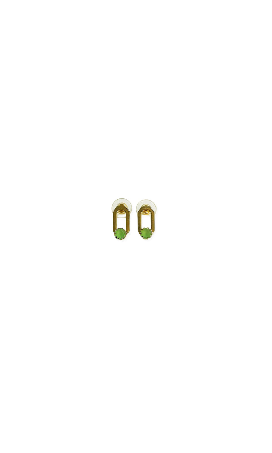 Plümo- Geo Studs gold-plated drop earrings feature small rectangular frames with green gemstone accents, on white background.