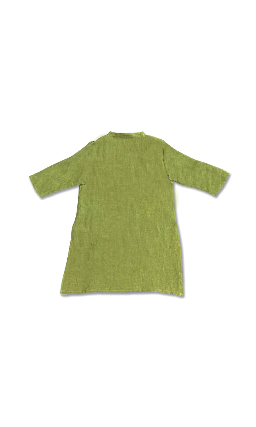Plümo- Gifu Top - Green ramie tunic with long sleeves, back view, laid flat on a white background.