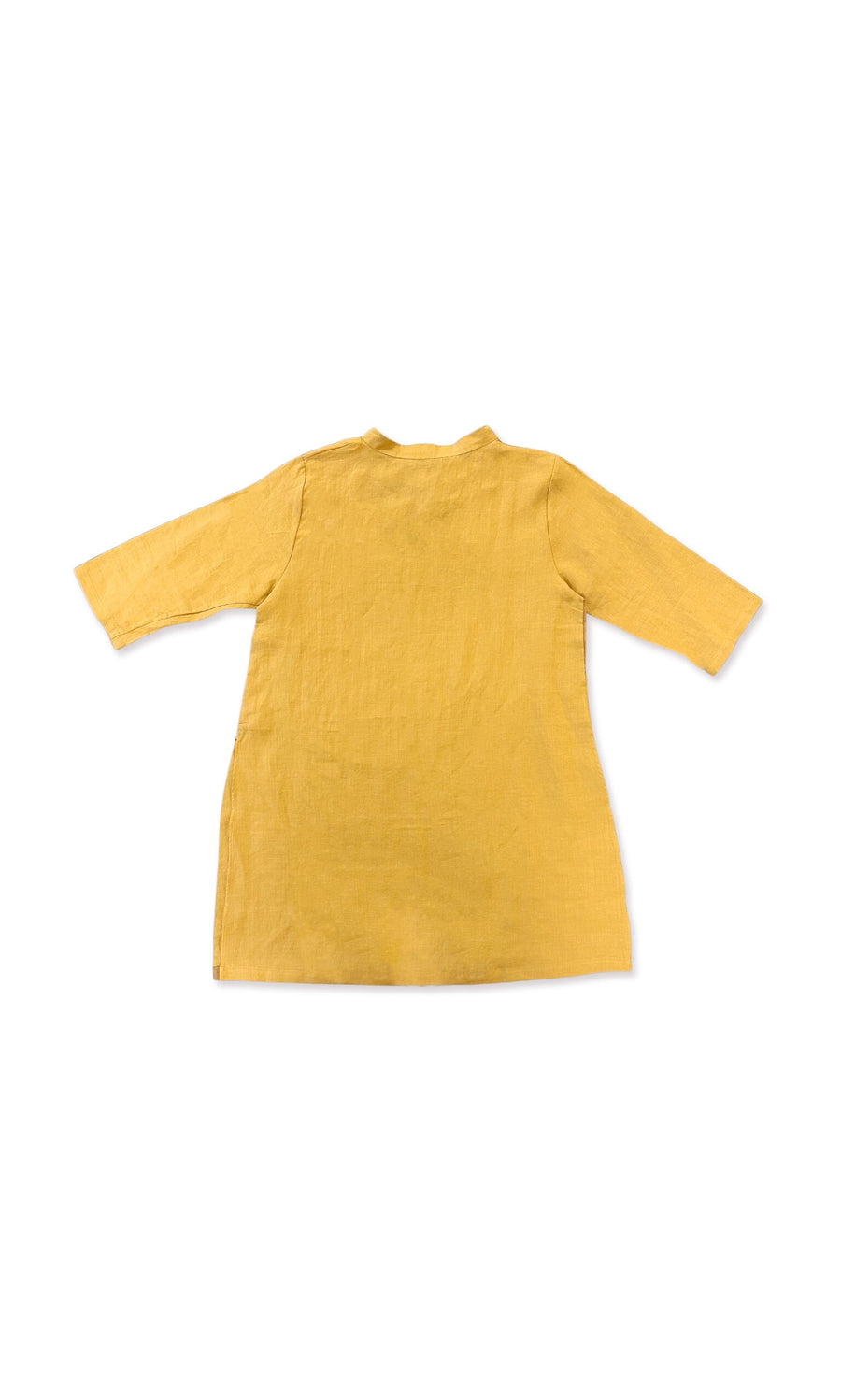 Plümo- Gifu Top - Mustard: yellow, knee-length ramie tunic with long sleeves and frog fasteners on white background.