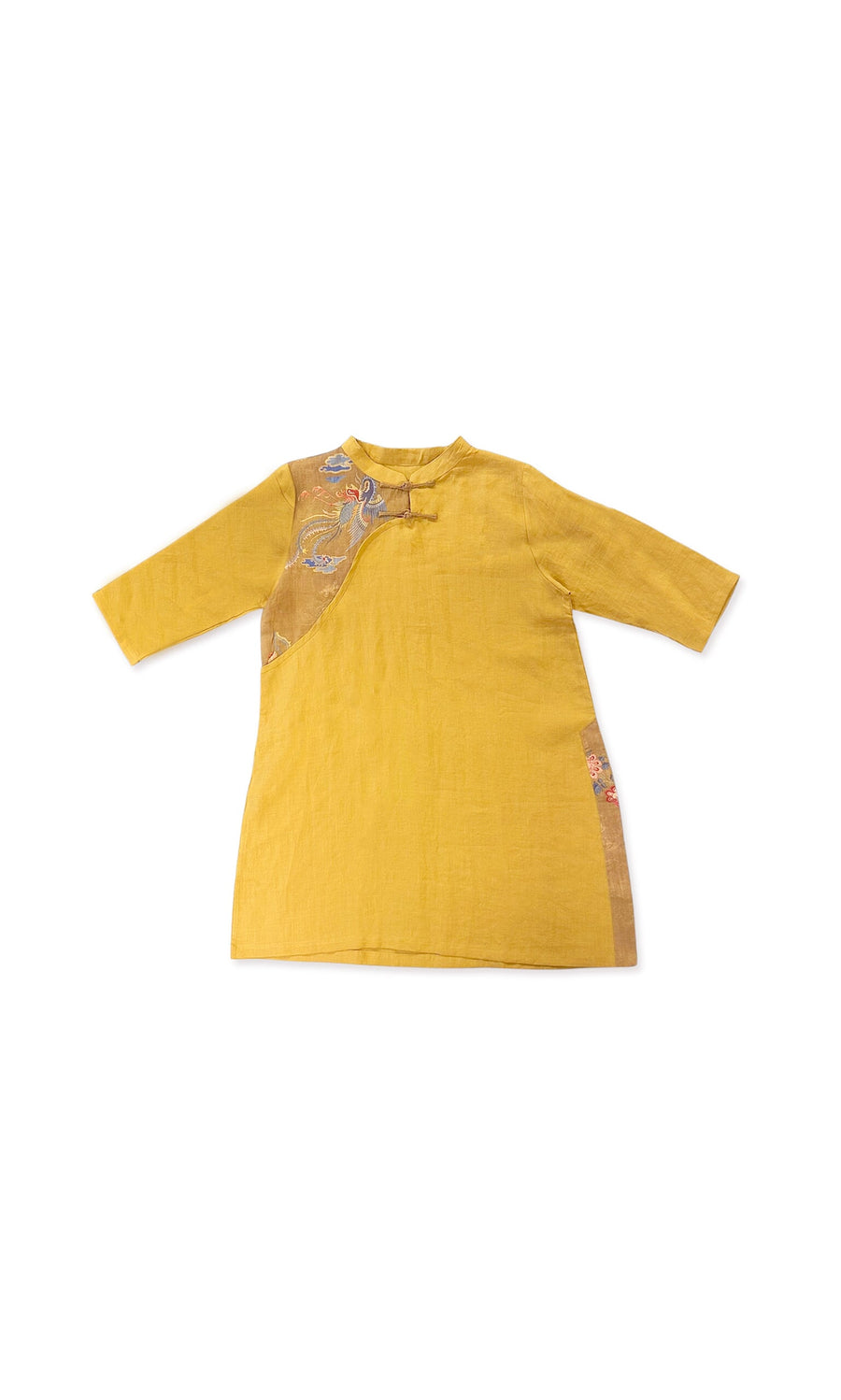 Plümo- Gifu Top - Mustard: Yellow ramie top with asymmetrical floral embroidery and a bow on the upper left.