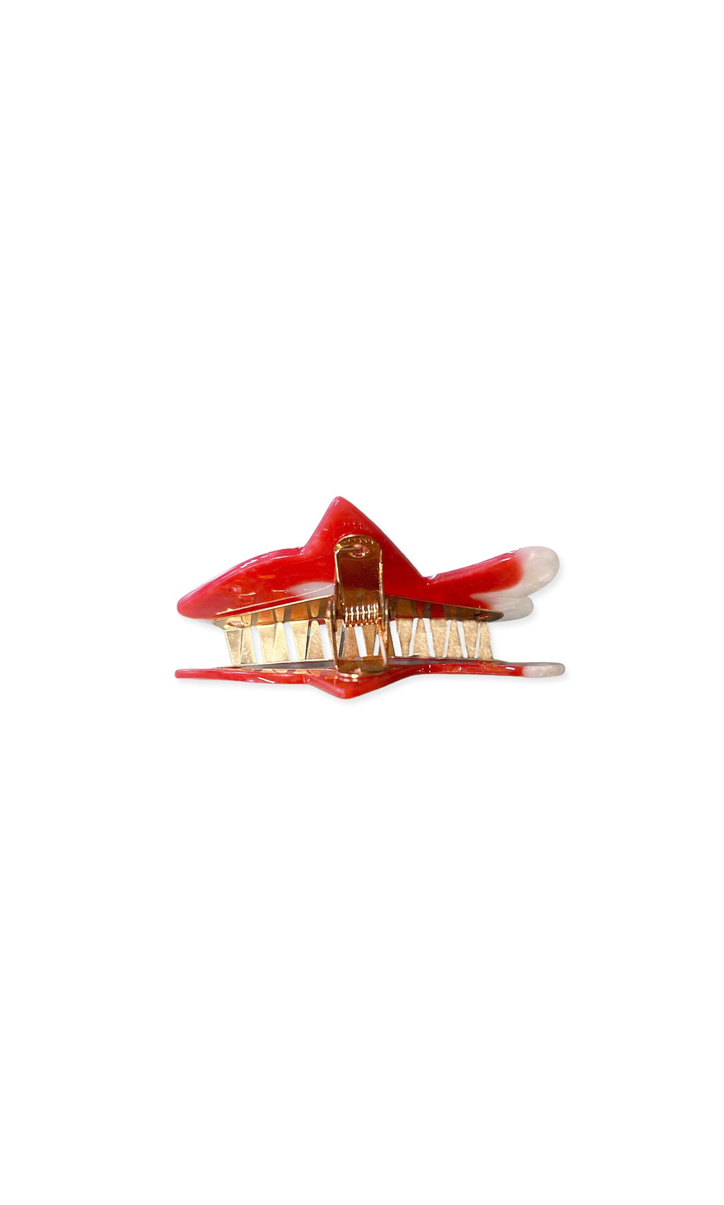 Plümo- Goldfish Clip: Red and gold resin hair claw with jagged edges, shiny details, and mouth-and-teeth design.
