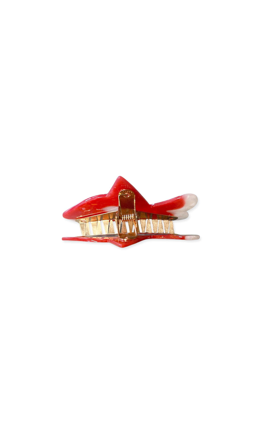 Plümo- Goldfish Clip: Red and gold resin hair claw with jagged edges, shiny details, and mouth-and-teeth design.