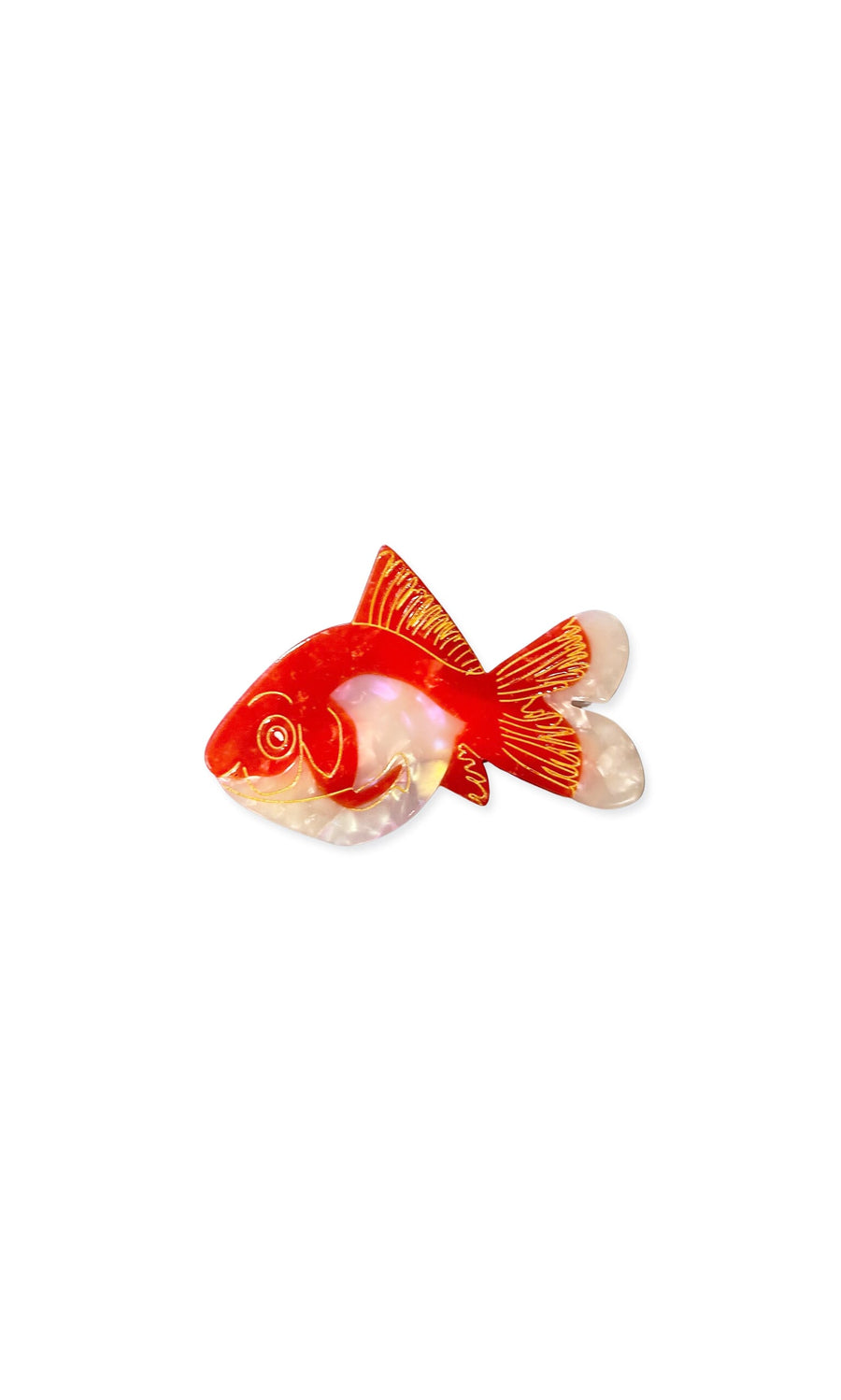 Plümo- Goldfish Clip: Biodegradable cellulose acetate hair brooch with red, white, and gold detailing.