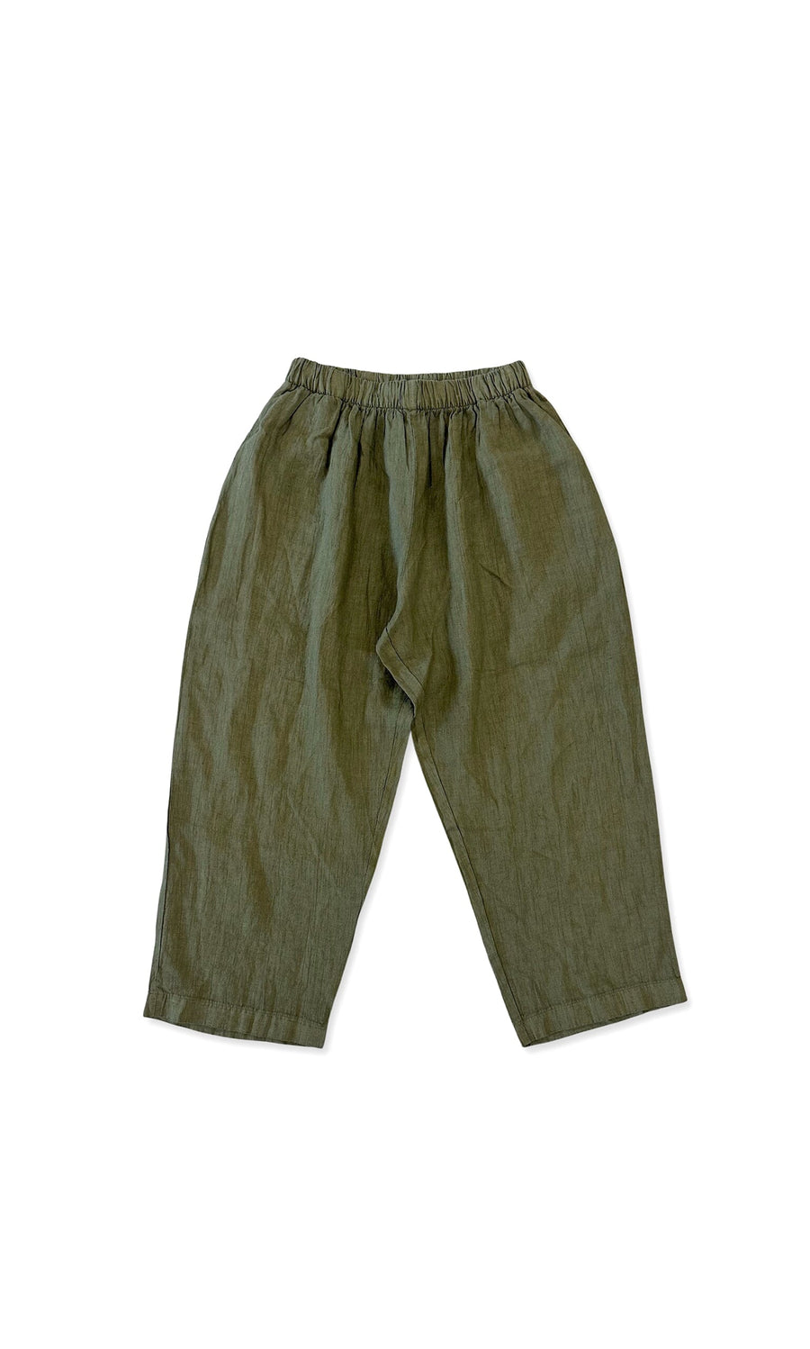 Plümo- Lumira Linen Pants in olive green, loose-fit with elastic waist, shown laid flat on a white background.