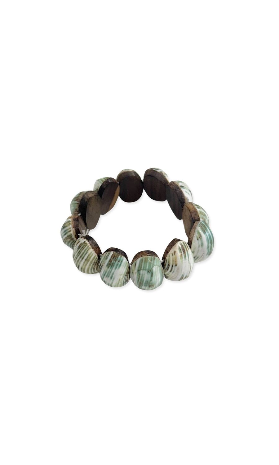 Plümo- The Green Shell Bracelet features alternating dark brown wooden beads and greenish-white oval shell beads.