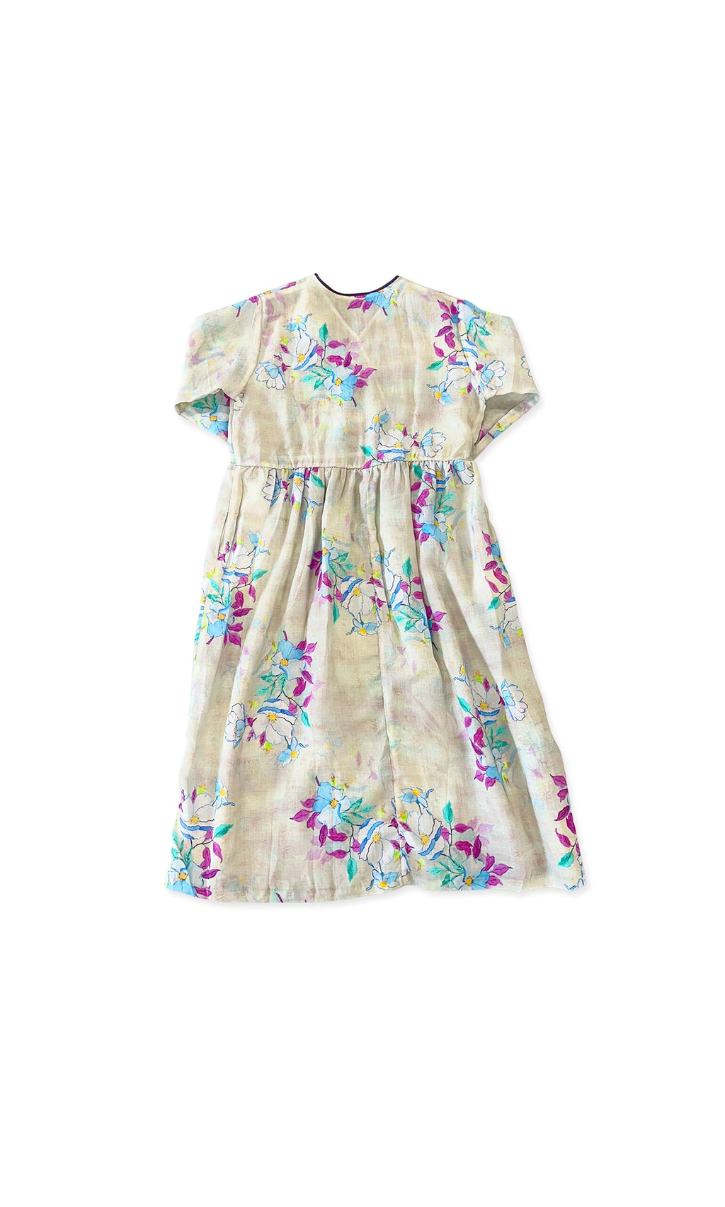 Plümo- Haein Tie Dress, beige short-sleeve, blue/purple/pastel green florals, one size, on white background.