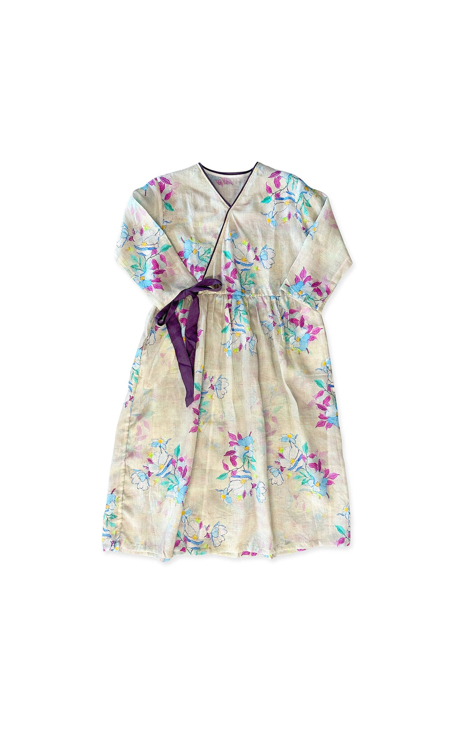 Plümo- Haein Tie Dress: light beige, one size, wrap style with purple, teal & green floral print and short sleeves.