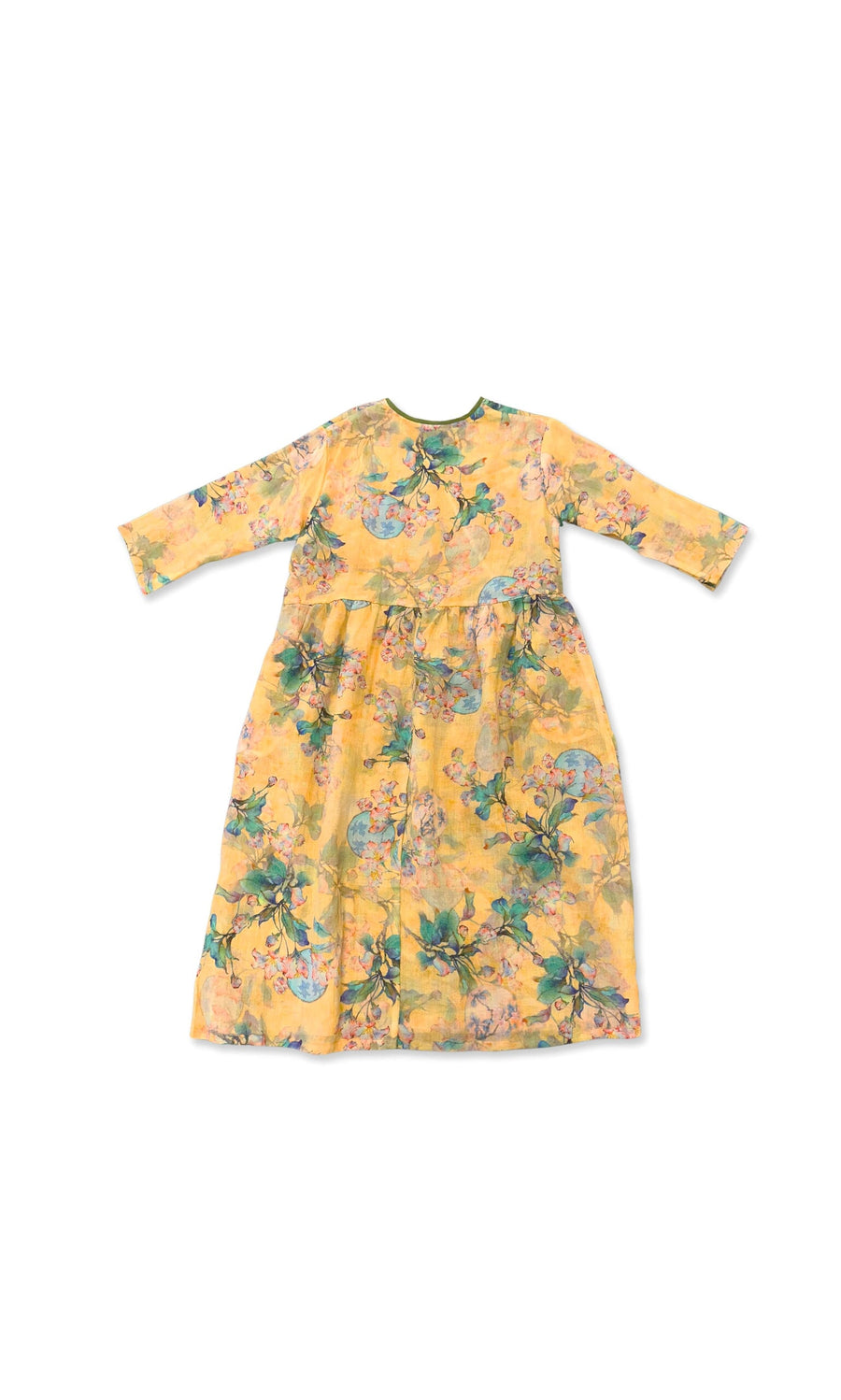 Plümo- Hana Dress: yellow floral, long sleeves, tie waist—perfect summer dress, laid flat on a white background.