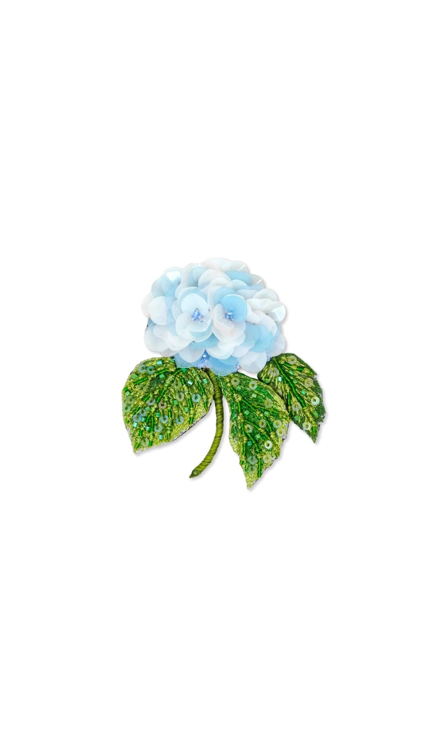 Plümo- Hydrangea Brooch: Hand-embroidered blue flower with green leaves on white fabric background.
