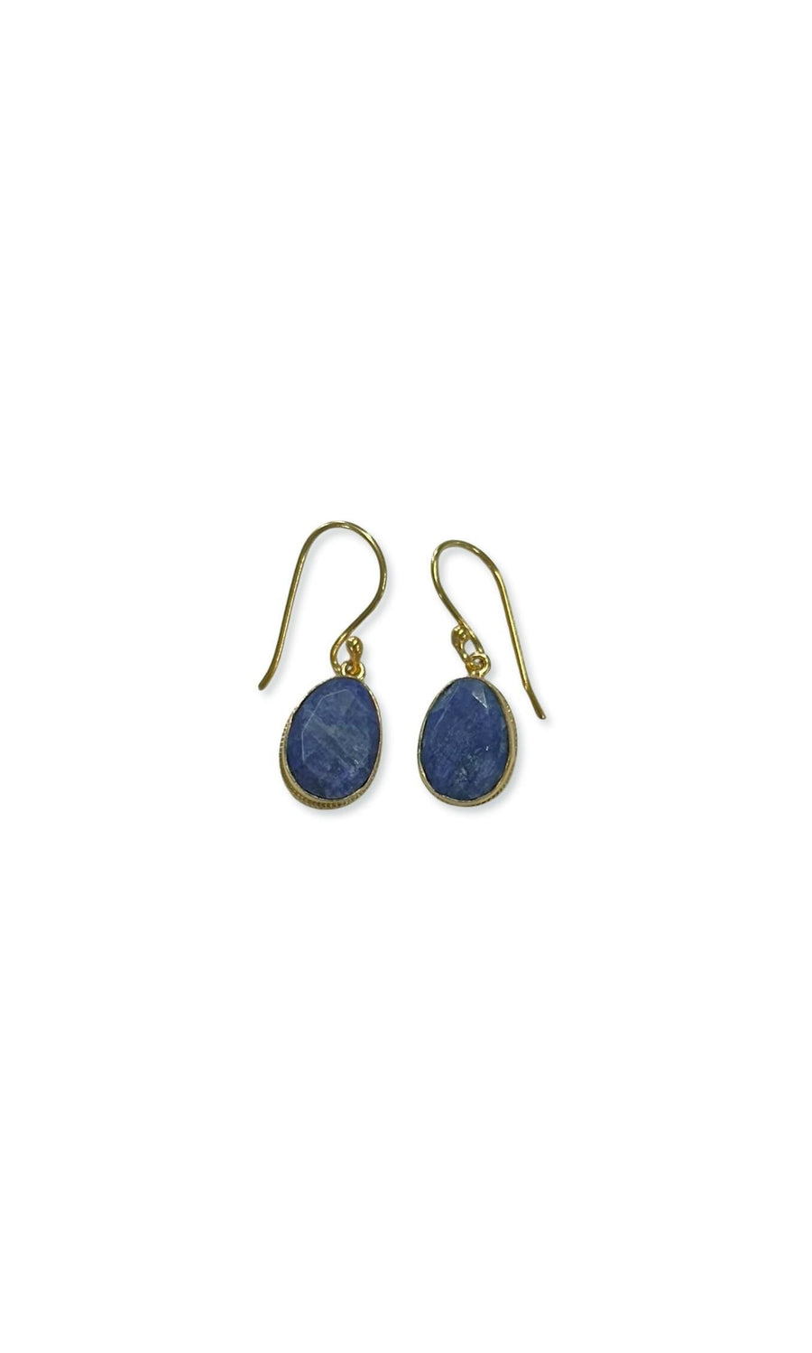 Plümo- Indigo Drop Earrings: gold-plated hooks with dark blue crystals in bezel settings, shown on a white background.