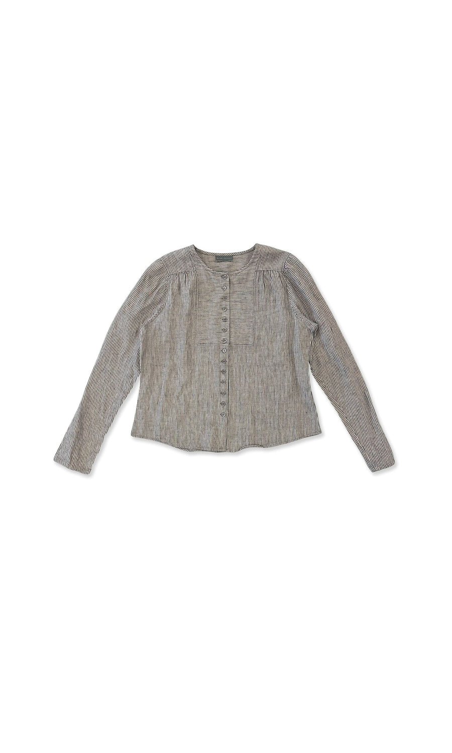 Plümo- Ivar Blouse: light gray striped linen shirt with long sleeves and round neckline, displayed on white background.