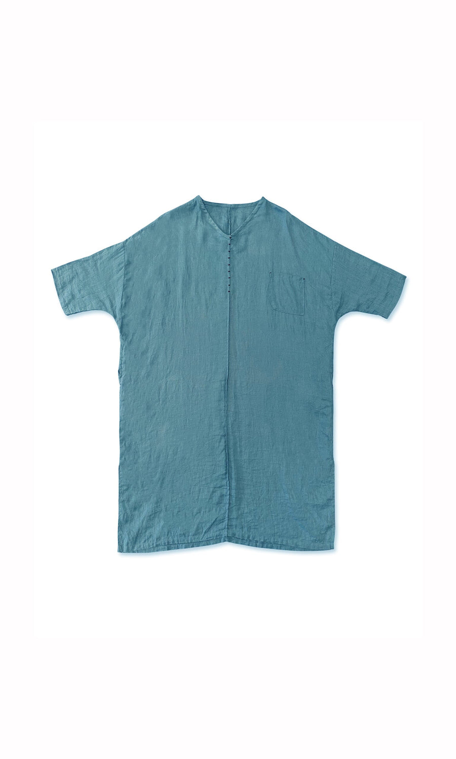 Plümo- The Jade Dress is a short-sleeved, knee-length teal linen dress with a round collar and chest pocket, shown flat on white.