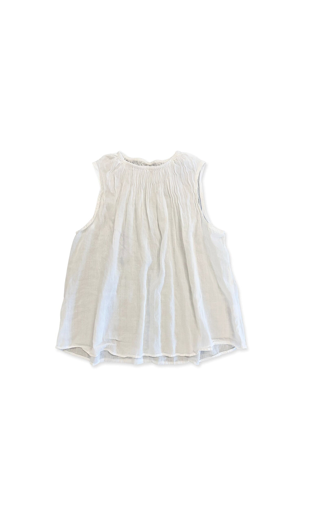 Plümo- Jasmine Top: sleeveless white airy blouse with loose fit and gathered neckline, laid flat on white background.