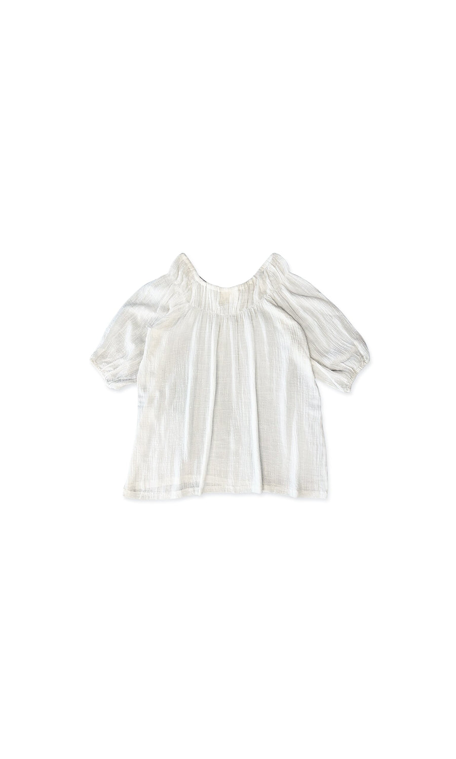 Plümo- The Judy Blouse is a white, short-sleeve flowy top with a relaxed fit and gathered neckline on a plain white background.