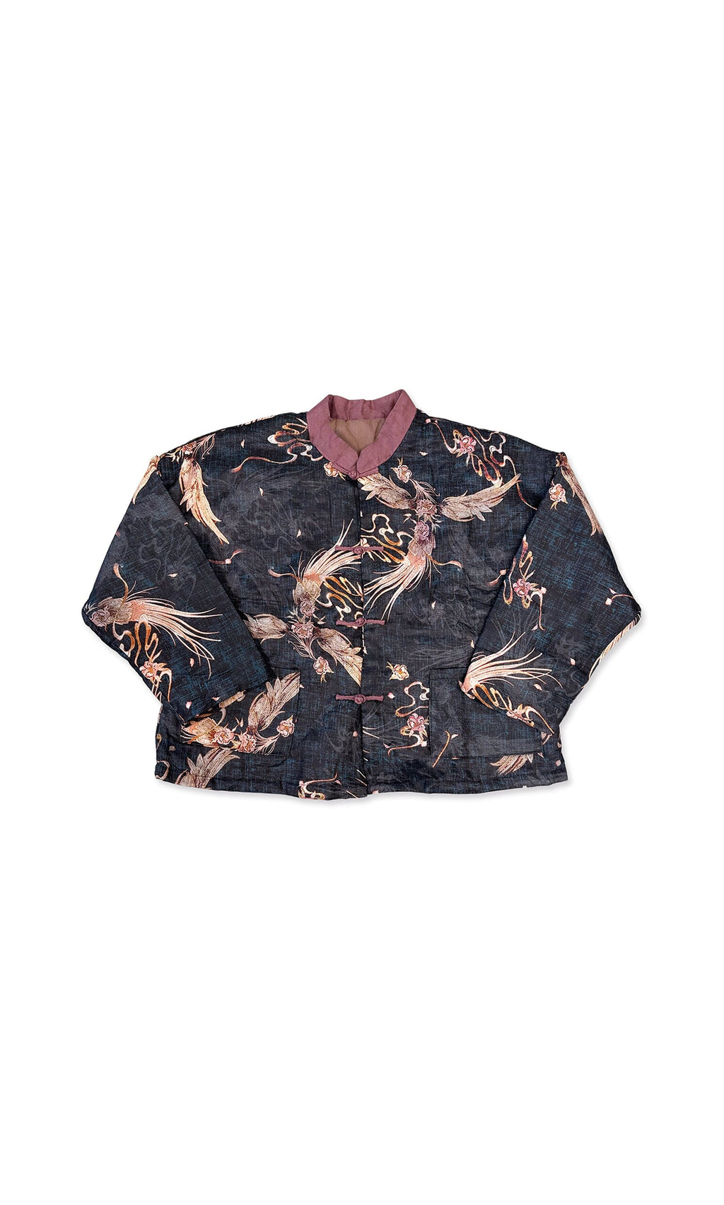 Plümo- Kaya Floral Jacket with dark floral pattern, wide sleeves, frog knots, and a maroon collar.