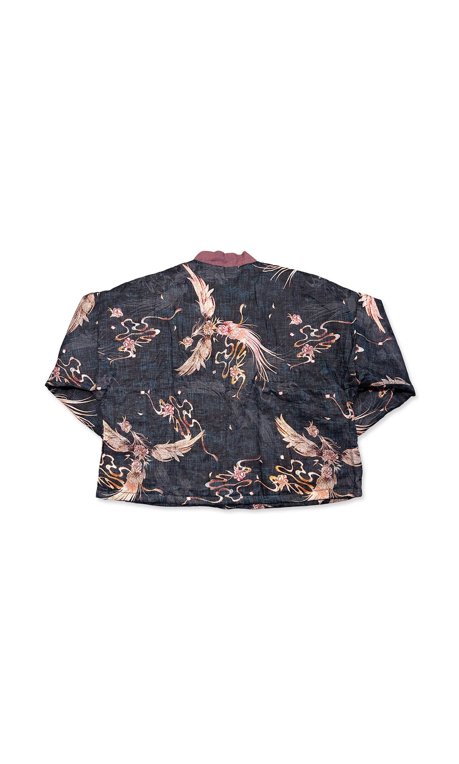 Plümo- Kaya Floral Jacket: Cropped dusty pink with gold crane and floral motifs, frog knot fastenings, textured fabric.