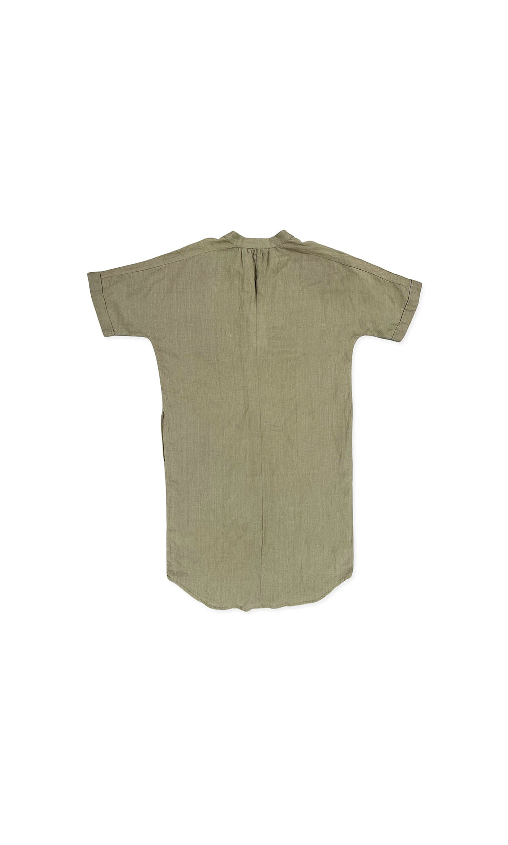 Plümo- Sage Kaftan in olive green, knee-length, size 10/12, laid flat and viewed from the back with minimal detailing.
