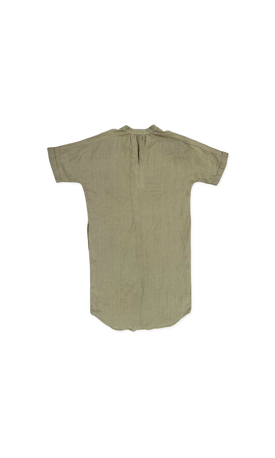 Plümo- Sage Kaftan in olive green, knee-length, size 10/12, laid flat and viewed from the back with minimal detailing.