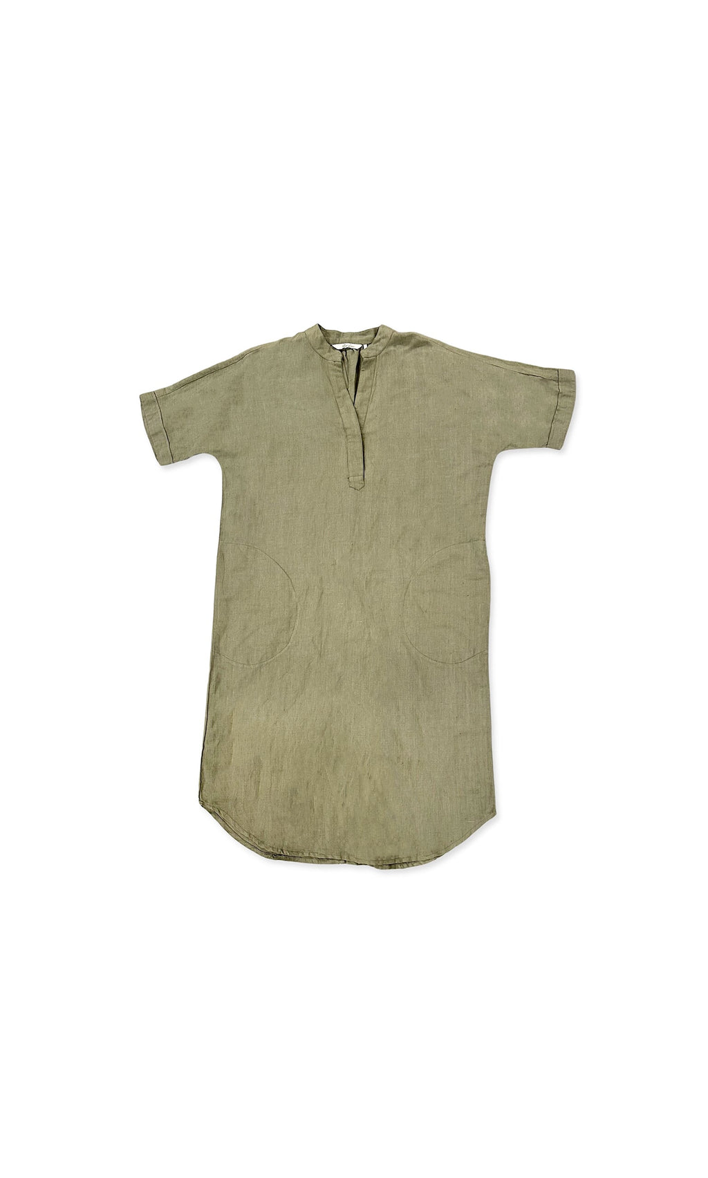 Plümo- Sage Kaftan: Short-sleeved, knee-length khaki green V-neck dress with two front pockets, laid flat on white.
