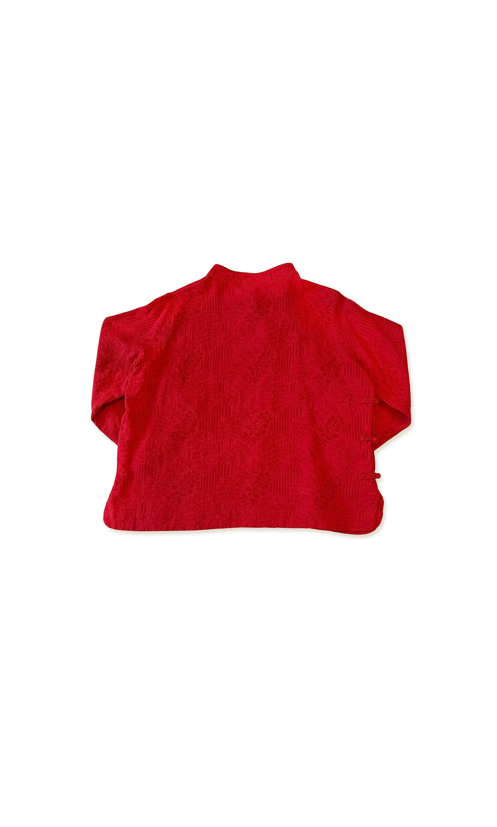 Plümo- Kiko Shirt in red with long sleeves and textured kimono style, laid flat on white background, back view.