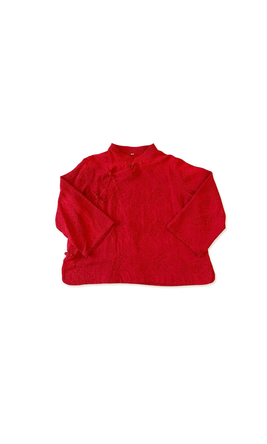 Plümo- Kiko Shirt: Red long-sleeve kimono top with Mandarin collar and decorative knot, laid flat on white background.