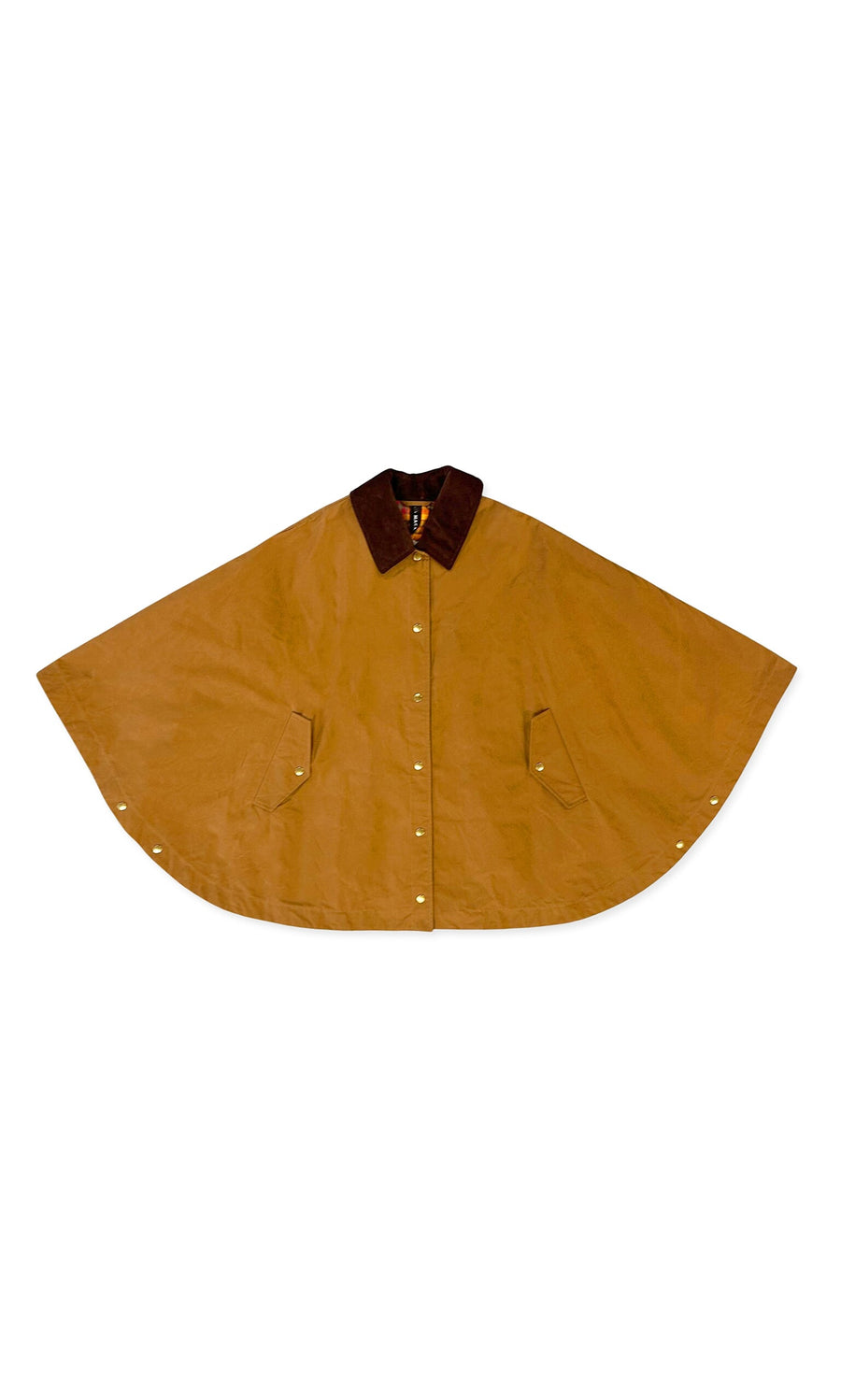 Plümo- Larkyn Poncho with snap buttons, two front pockets, and dark brown collar, laid flat on a white background.