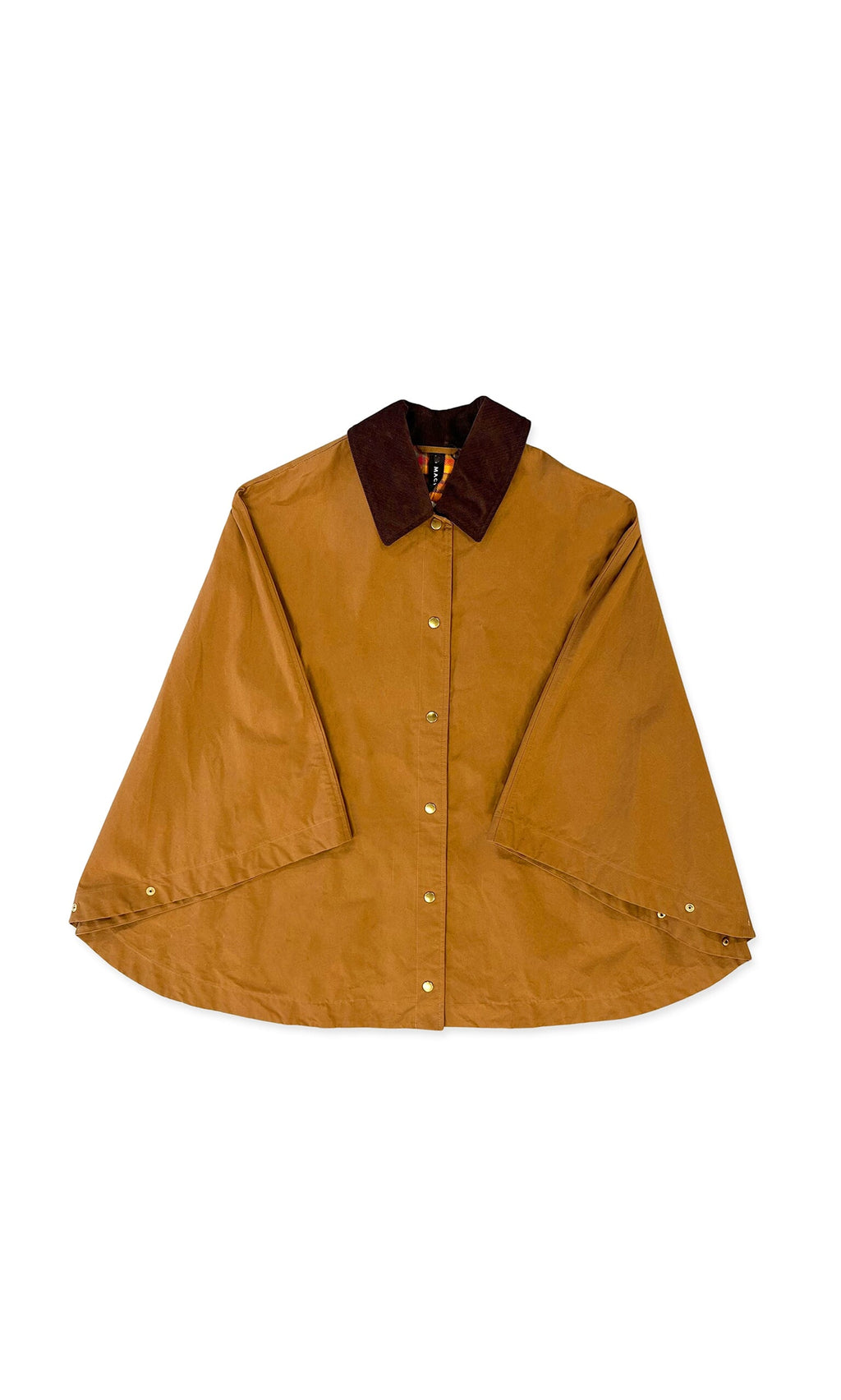 Plümo- Larkyn Poncho in brown with wide sleeves, front snaps, and a dark brown corduroy collar, shown laid flat.
