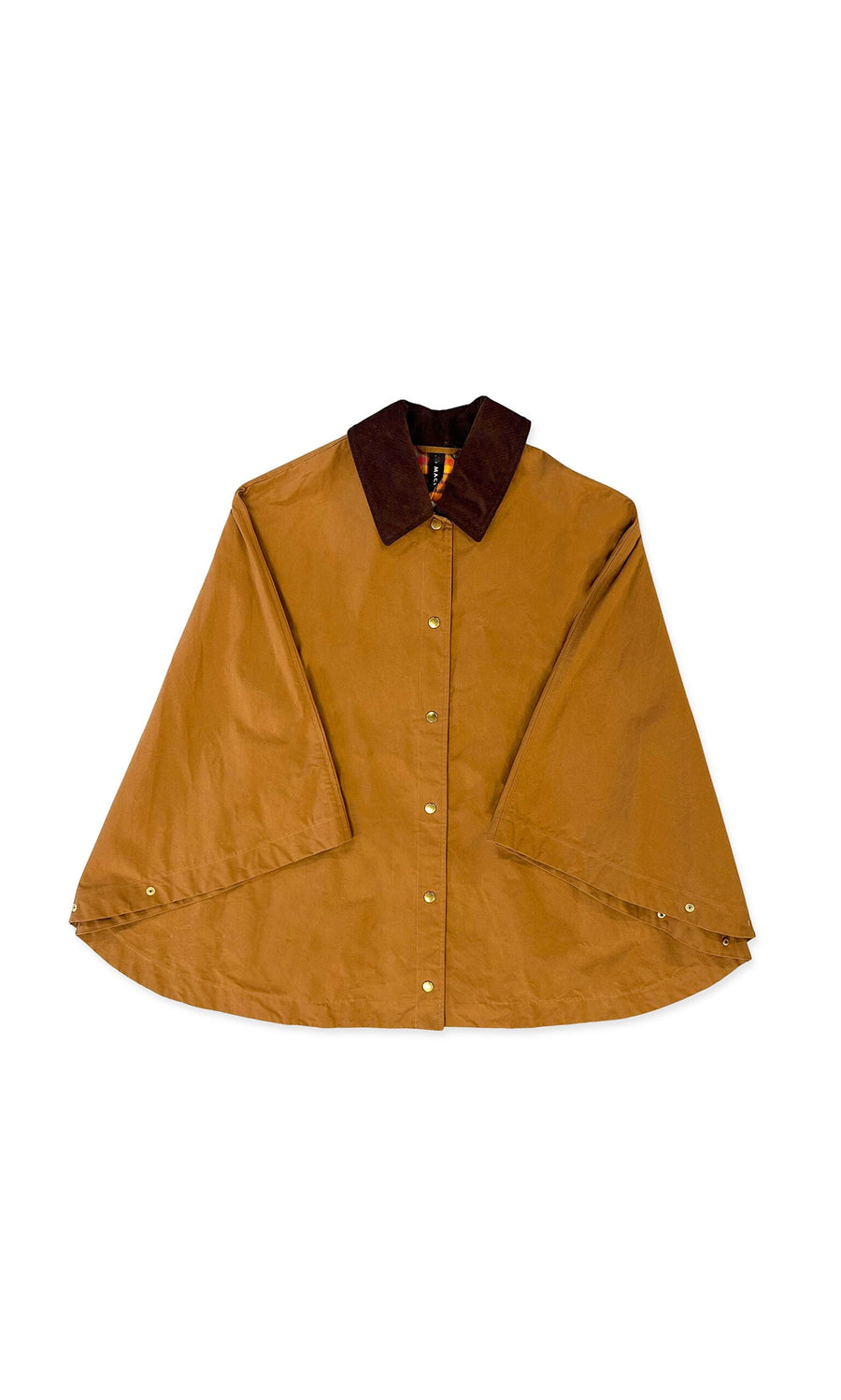 Plümo- Larkyn Poncho in brown with wide sleeves, front snaps, and a dark brown corduroy collar, shown laid flat.