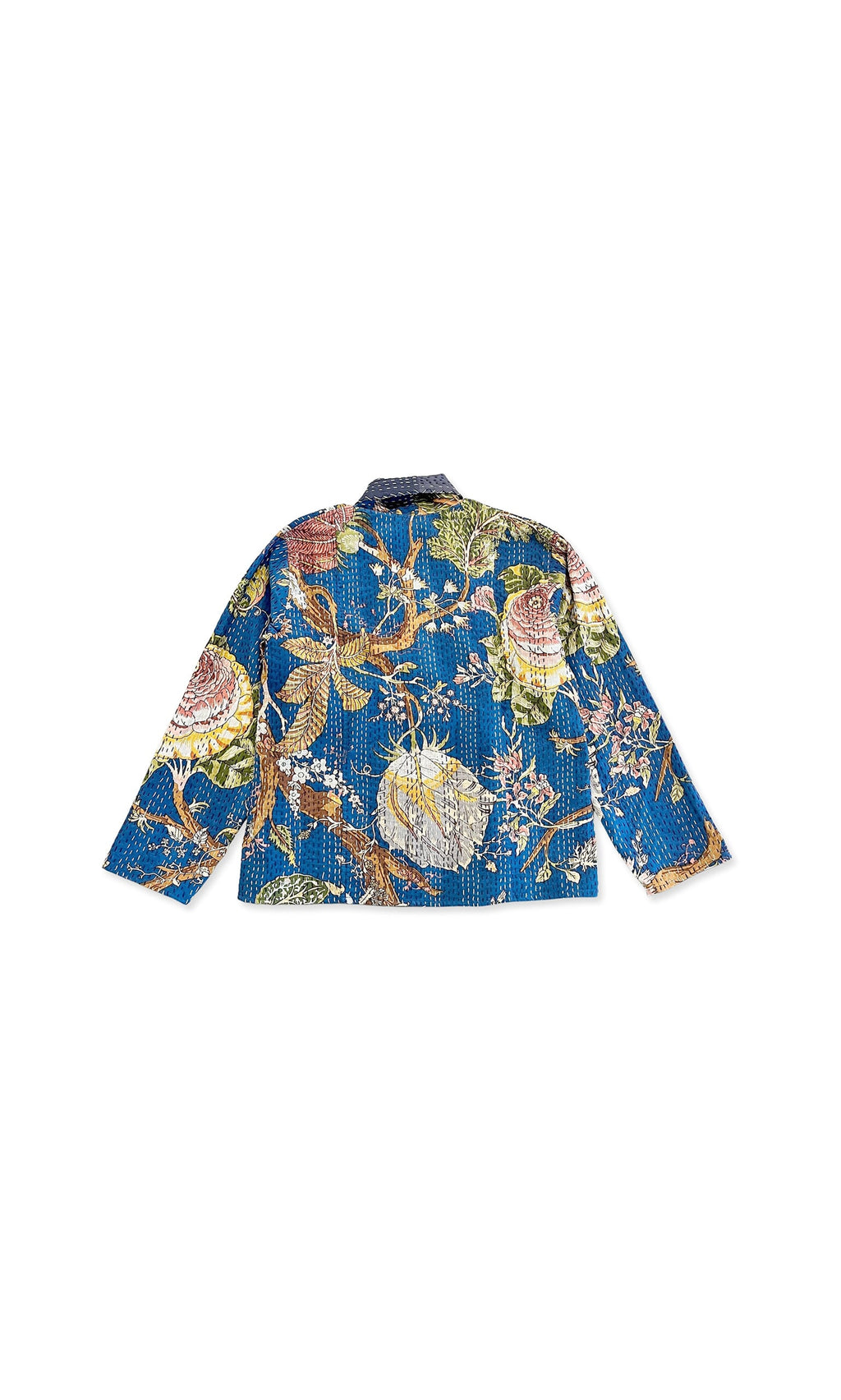 Plümo- Leonie Kantha jacket in breathable cotton with a vibrant floral print, shown flat with the back facing up.