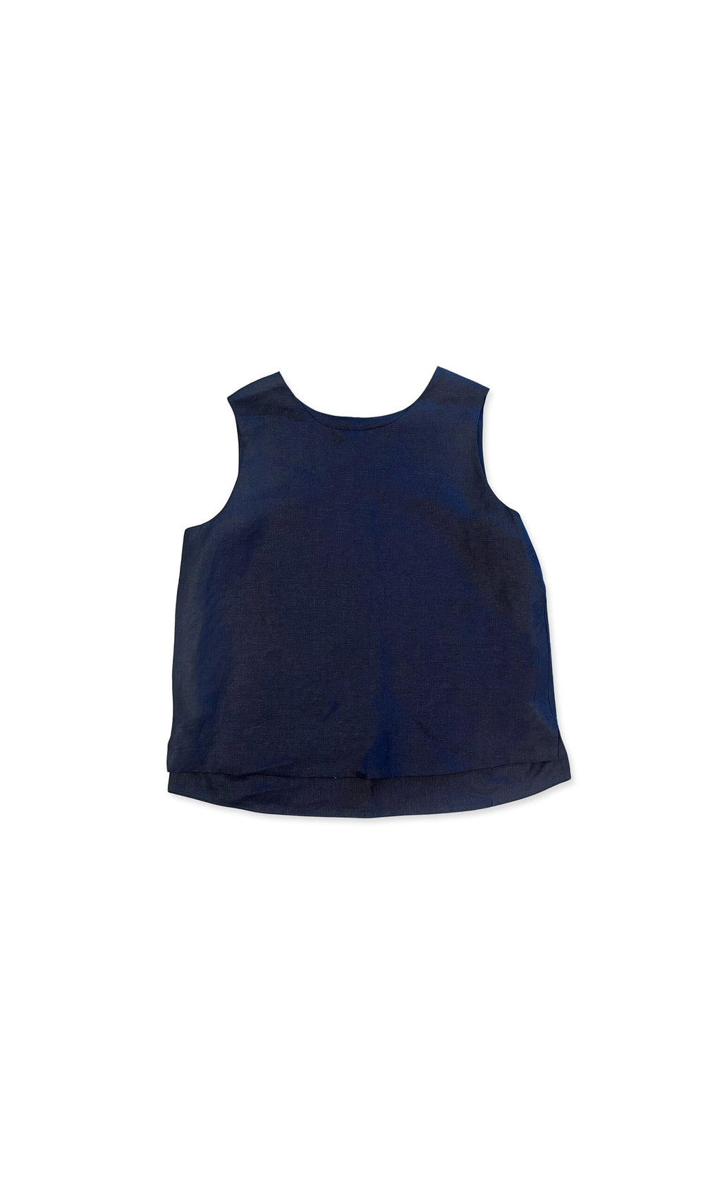 Plümo- Linda Top - Navy: boxy fit sleeveless linen top, made in London, shown from the back on a white background.