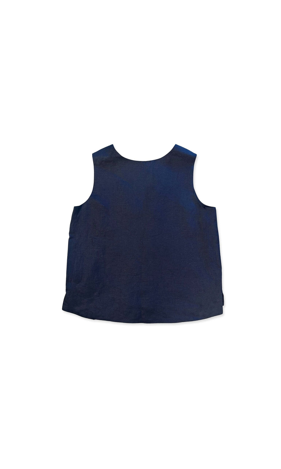 Plümo- Linda Top - Navy: Sleeveless linen top with a boxy fit, shown from the back against a white background.