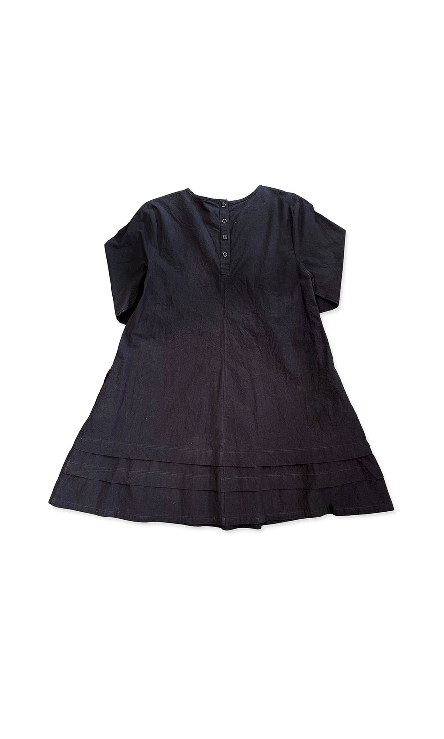 Plümo- The Linnea Dress by Ewa i Walla Sweden is a black, short-sleeve A-line dress with upper-back buttons and side pockets.