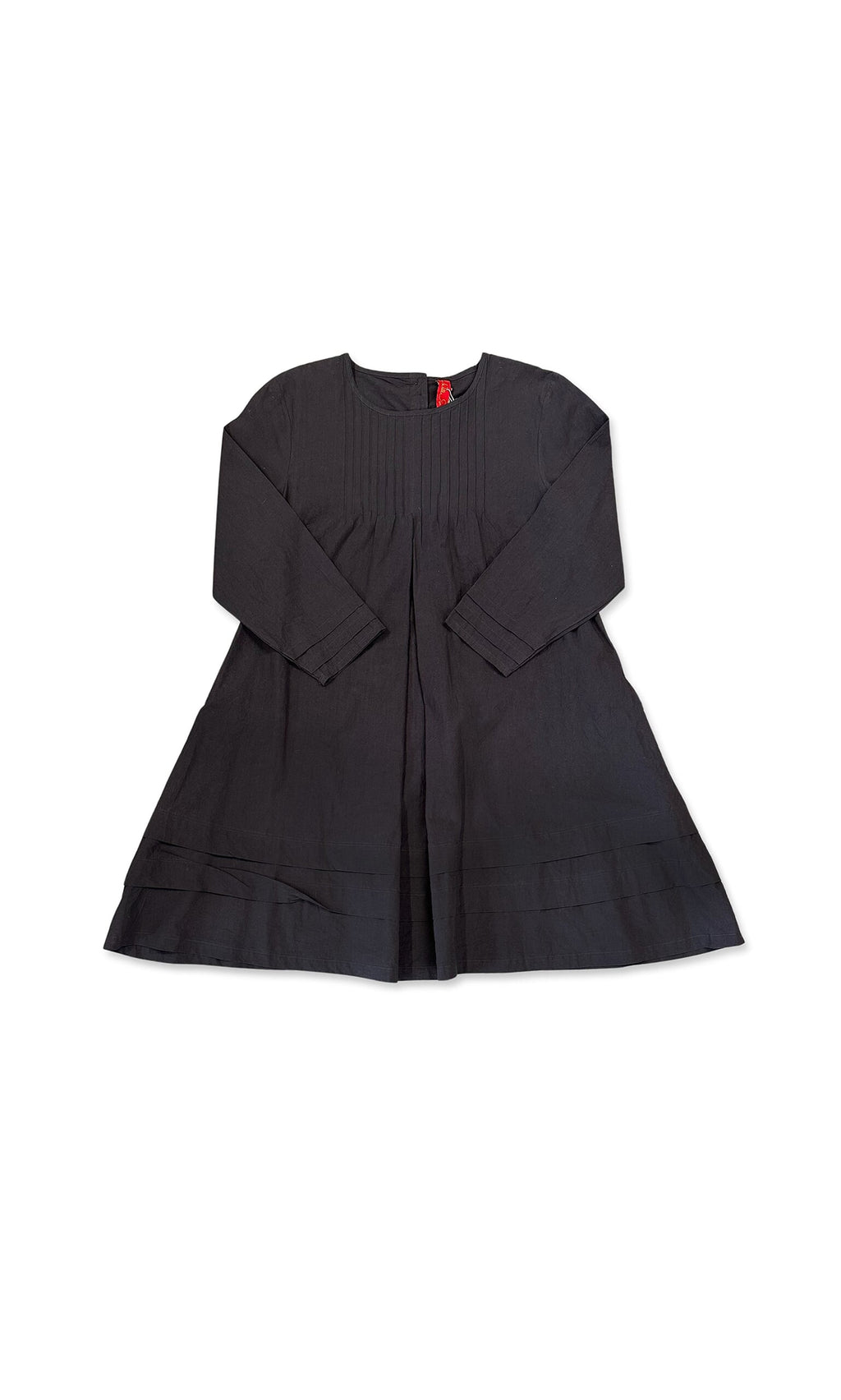Plümo- Linnea Dress by Ewa i Walla Sweden: black, long-sleeved A-line with pintuck pleats and a tiered hem, shown flat.